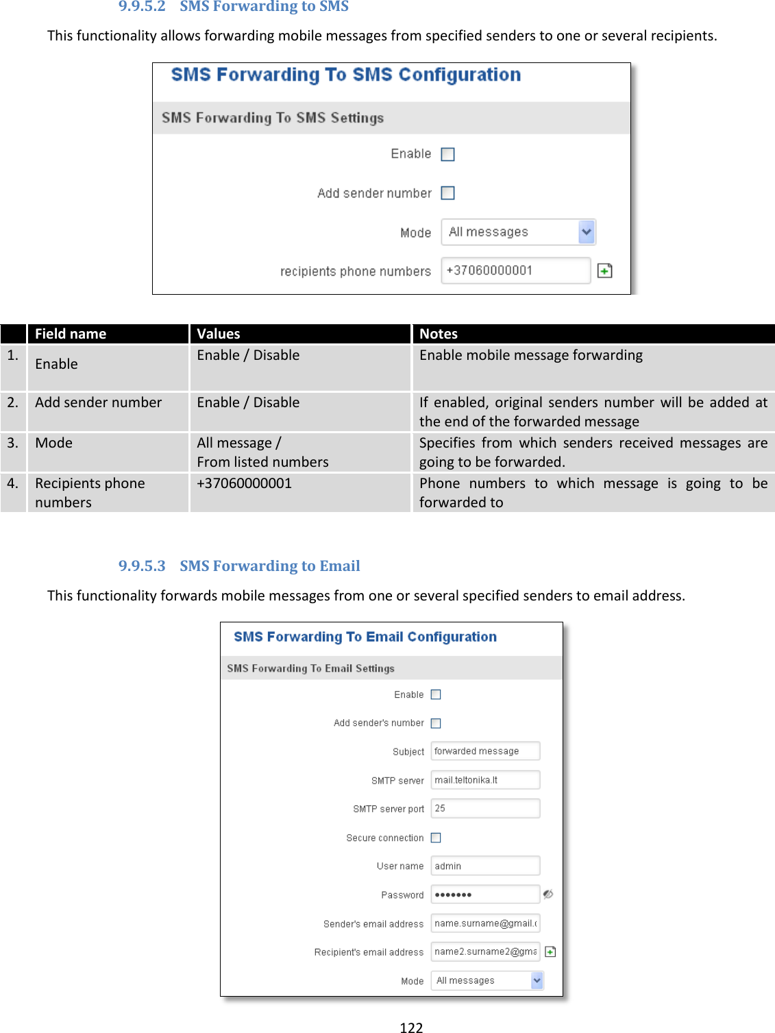  122  9.9.5.2 SMS Forwarding to SMS This functionality allows forwarding mobile messages from specified senders to one or several recipients.     Field name Values Notes 1. Enable Enable / Disable Enable mobile message forwarding 2. Add sender number Enable / Disable If  enabled,  original  senders  number  will  be  added  at the end of the forwarded message 3. Mode All message / From listed numbers Specifies  from  which  senders  received  messages  are going to be forwarded. 4. Recipients phone numbers +37060000001 Phone  numbers  to  which  message  is  going  to  be forwarded to  9.9.5.3 SMS Forwarding to Email This functionality forwards mobile messages from one or several specified senders to email address.   