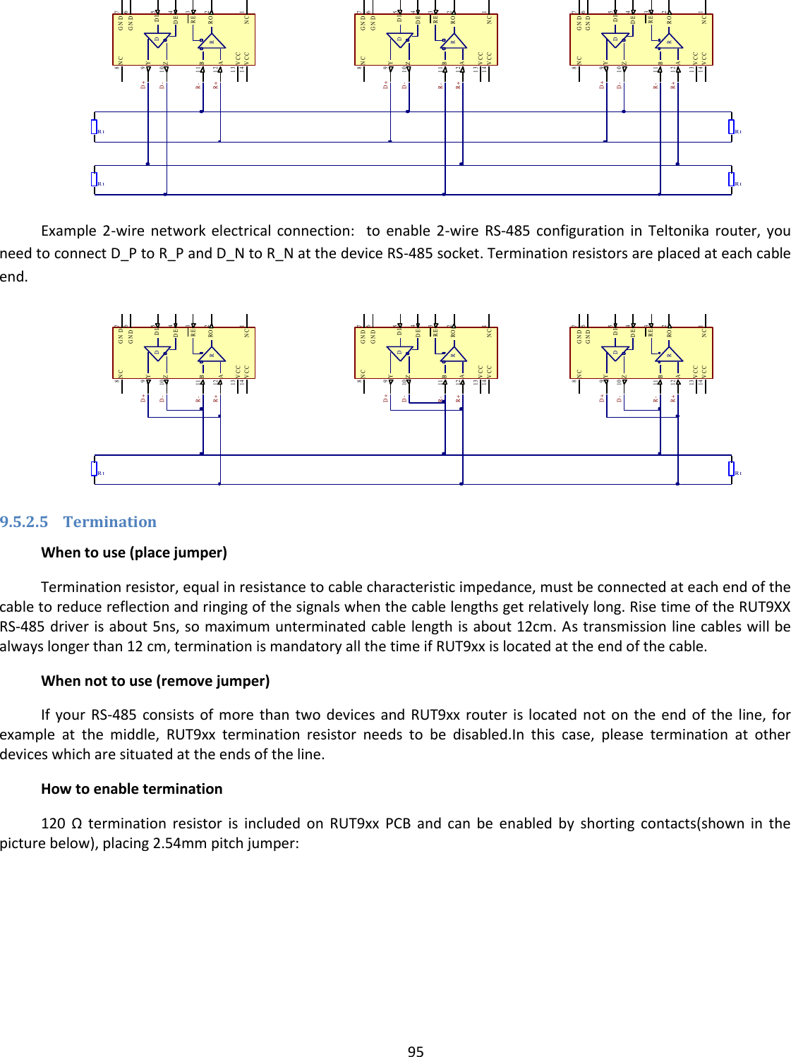  95   Example  2-wire  network electrical  connection:    to  enable 2-wire  RS-485  configuration  in  Teltonika router,  you need to connect D_P to R_P and D_N to R_N at the device RS-485 socket. Termination resistors are placed at each cable end.  9.5.2.5 Termination When to use (place jumper) Termination resistor, equal in resistance to cable characteristic impedance, must be connected at each end of the cable to reduce reflection and ringing of the signals when the cable lengths get relatively long. Rise time of the RUT9XX RS-485 driver is about 5ns, so maximum unterminated cable length is about 12cm. As transmission line cables will be always longer than 12 cm, termination is mandatory all the time if RUT9xx is located at the end of the cable. When not to use (remove jumper) If  your RS-485  consists  of more than  two devices  and  RUT9xx  router is  located  not  on the  end of  the line,  for example  at  the  middle,  RUT9xx  termination  resistor  needs  to  be  disabled.In  this  case,  please  termination  at  other devices which are situated at the ends of the line. How to enable termination 120  Ω  termination  resistor  is  included  on  RUT9xx  PCB  and  can  be  enabled  by  shorting  contacts(shown  in  the picture below), placing 2.54mm pitch jumper: V CC13RO 2DI5GND 6Y9Z10B11A12 RDGND 7RE 3DE4NC1NC8V CC14V CC13RO 2DI5GND 6Y9Z10B11A12 RDGND 7RE 3DE4NC1NC8V CC14V CC13RO 2DI5GND 6Y9Z10B11A12 RDGND 7RE 3DE4NC1NC8V CC14D+D-R-R+RtRtRtRtD+D-R-R+D+D-R-R+V CC13RO 2DI5GND 6Y9Z10B11A12 RDG N D 7RE 3DE4NC1NC8V CC14V CC13RO 2DI5GND 6Y9Z10B11A12 RDGND 7RE 3DE4NC1NC8V CC14V CC13RO 2DI5GND 6Y9Z10B11A12 RDGND 7RE 3DE4NC1NC8V CC14D+D-R-R+Rt RtD+D-R-R+D+D-R-R+