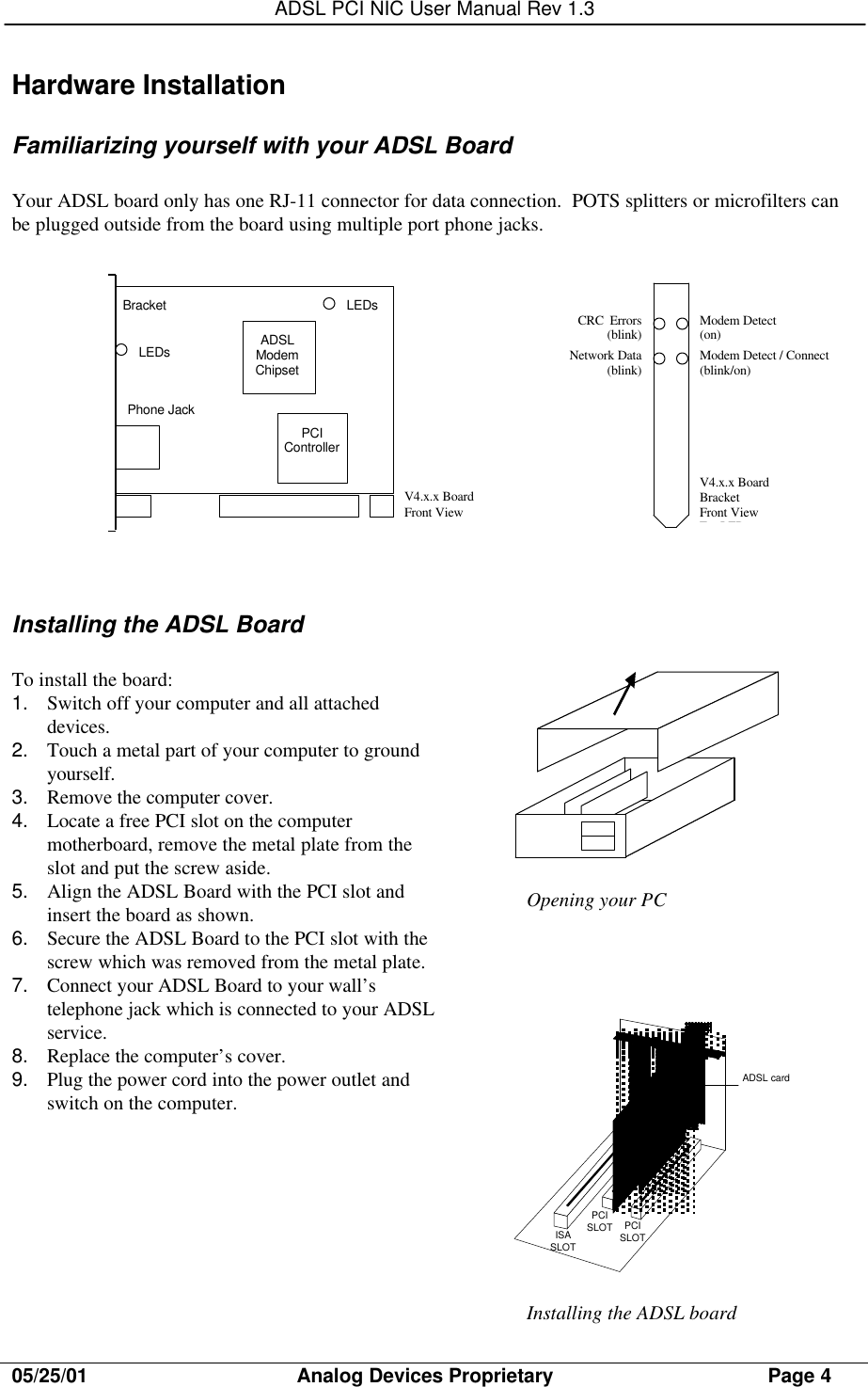 ADSL PCI NIC User Manual Rev 1.305/25/01                                     Analog Devices Proprietary                                      Page 4Hardware InstallationFamiliarizing yourself with your ADSL BoardYour ADSL board only has one RJ-11 connector for data connection.  POTS splitters or microfilters canbe plugged outside from the board using multiple port phone jacks.Modem Detect(on)Modem Detect / Connect(blink/on)CRC  Errors(blink)Network Data(blink)V4.x.x BoardBracketFront ViewFor LEDsInstalling the ADSL BoardTo install the board:1. Switch off your computer and all attacheddevices.2. Touch a metal part of your computer to groundyourself.3. Remove the computer cover.4. Locate a free PCI slot on the computermotherboard, remove the metal plate from theslot and put the screw aside.5. Align the ADSL Board with the PCI slot andinsert the board as shown.6. Secure the ADSL Board to the PCI slot with thescrew which was removed from the metal plate.7. Connect your ADSL Board to your wall’stelephone jack which is connected to your ADSLservice.8. Replace the computer’s cover.9. Plug the power cord into the power outlet andswitch on the computer.LEDs ADSLModemChipsetPCIControllerBracketPhone JackLEDsV4.x.x BoardFront ViewISASLOTPCISLOTPCISLOTADSL cardInstalling the ADSL boardOpening your PC