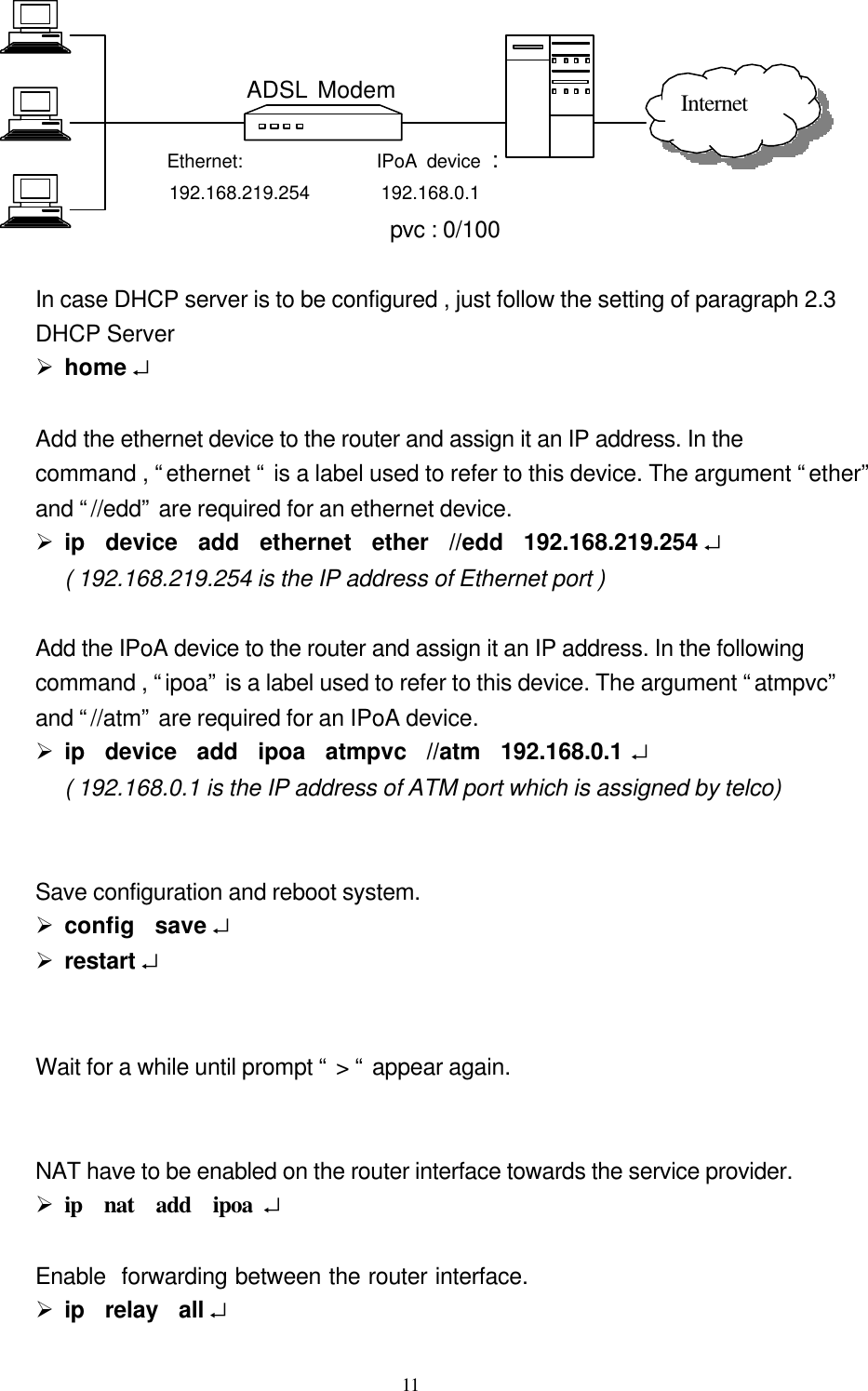  11            ADSL Modem                       Ethernet:              IPoA device :                      192.168.219.254       192.168.0.1                                       pvc : 0/100  In case DHCP server is to be configured , just follow the setting of paragraph 2.3   DHCP Server   Ø home ↵  Add the ethernet device to the router and assign it an IP address. In the   command , “ethernet “ is a label used to refer to this device. The argument “ether” and “//edd” are required for an ethernet device. Ø ip  device  add  ethernet  ether  //edd  192.168.219.254 ↵ ( 192.168.219.254 is the IP address of Ethernet port )    Add the IPoA device to the router and assign it an IP address. In the following   command , “ipoa” is a label used to refer to this device. The argument “atmpvc”   and “//atm” are required for an IPoA device. Ø ip  device  add  ipoa  atmpvc  //atm  192.168.0.1 ↵ ( 192.168.0.1 is the IP address of ATM port which is assigned by telco)   Save configuration and reboot system. Ø config  save ↵ Ø restart ↵   Wait for a while until prompt “ &gt; “ appear again.                       NAT have to be enabled on the router interface towards the service provider. Ø ip  nat  add  ipoa ↵    Enable  forwarding between the router interface. Ø ip  relay  all ↵ Internet 