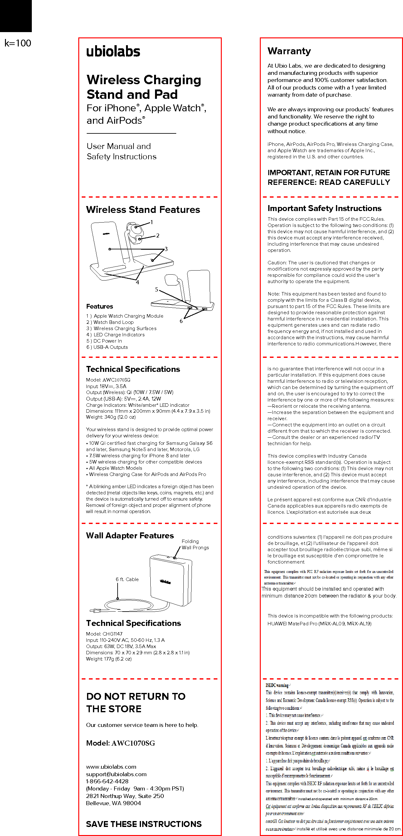 UBIO LABS AWC1070 Wireless Charging Stand and Pad User Manual WCB141