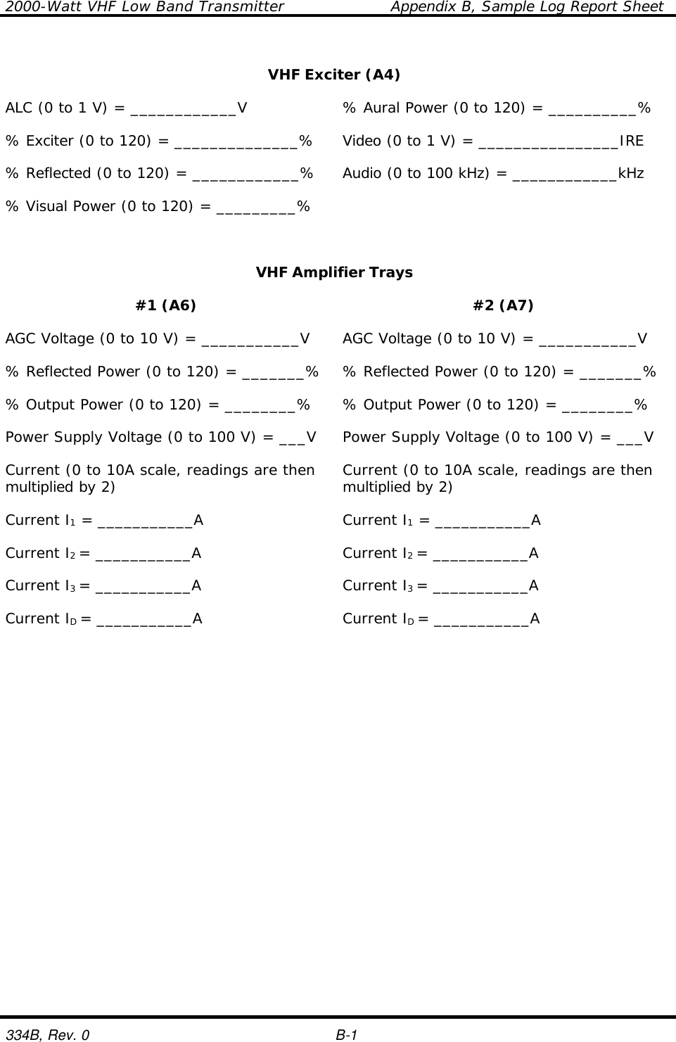 2000-Watt VHF Low Band Transmitter    Appendix B, Sample Log Report Sheet  334B, Rev. 0    B-1  VHF Exciter (A4)    ALC (0 to 1 V) = ____________V % Aural Power (0 to 120) = __________%    % Exciter (0 to 120) = ______________% Video (0 to 1 V) = ________________IRE    % Reflected (0 to 120) = ____________% Audio (0 to 100 kHz) = ____________kHz    % Visual Power (0 to 120) = _________%      VHF Amplifier Trays    #1 (A6) #2 (A7)    AGC Voltage (0 to 10 V) = ___________V AGC Voltage (0 to 10 V) = ___________V    % Reflected Power (0 to 120) = _______% % Reflected Power (0 to 120) = _______%    % Output Power (0 to 120) = ________% % Output Power (0 to 120) = ________%    Power Supply Voltage (0 to 100 V) = ___V Power Supply Voltage (0 to 100 V) = ___V    Current (0 to 10A scale, readings are then multiplied by 2) Current (0 to 10A scale, readings are then multiplied by 2)    Current I1 = ___________A Current I1 = ___________A    Current I2 = ___________A Current I2 = ___________A    Current I3 = ___________A Current I3 = ___________A    Current ID = ___________A Current ID = ___________A     