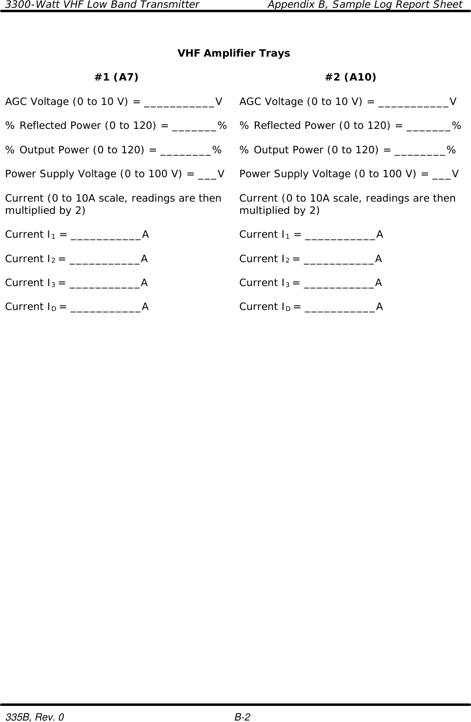3300-Watt VHF Low Band Transmitter    Appendix B, Sample Log Report Sheet  335B, Rev. 0    B-2  VHF Amplifier Trays    #1 (A7) #2 (A10)    AGC Voltage (0 to 10 V) = ___________V AGC Voltage (0 to 10 V) = ___________V    % Reflected Power (0 to 120) = _______% % Reflected Power (0 to 120) = _______%    % Output Power (0 to 120) = ________% % Output Power (0 to 120) = ________%    Power Supply Voltage (0 to 100 V) = ___V Power Supply Voltage (0 to 100 V) = ___V    Current (0 to 10A scale, readings are then multiplied by 2) Current (0 to 10A scale, readings are then multiplied by 2)    Current I1 = ___________A Current I1 = ___________A    Current I2 = ___________A Current I2 = ___________A    Current I3 = ___________A Current I3 = ___________A    Current ID = ___________A Current ID = ___________A    