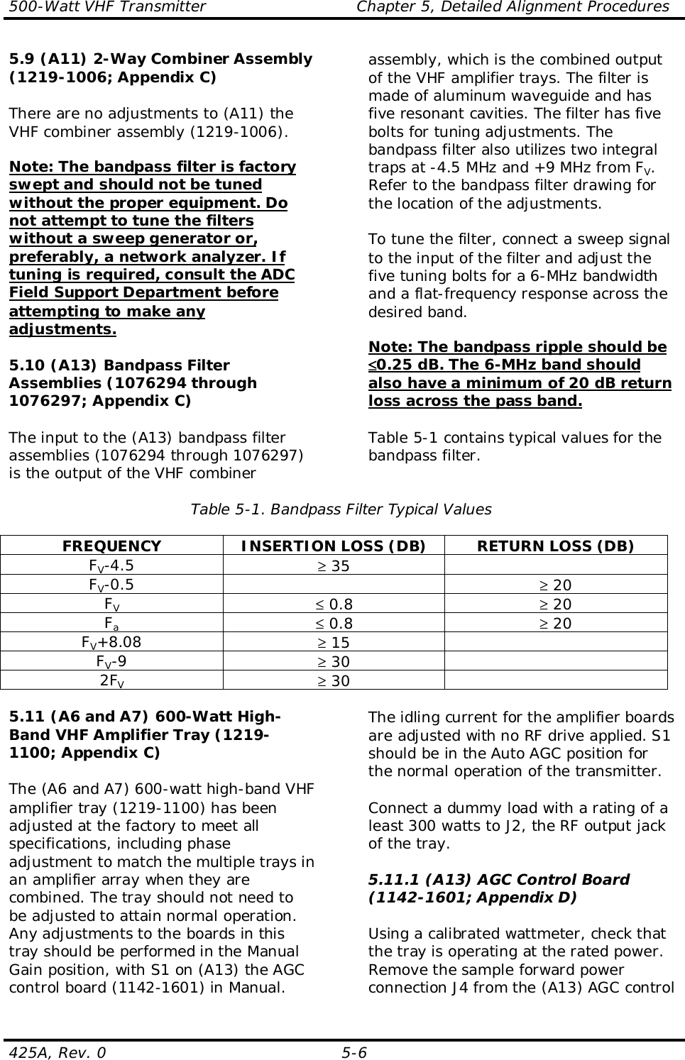 500-Watt VHF Transmitter                             Chapter 5, Detailed Alignment Procedures425A, Rev. 0 5-65.9 (A11) 2-Way Combiner Assembly(1219-1006; Appendix C)There are no adjustments to (A11) theVHF combiner assembly (1219-1006).Note: The bandpass filter is factoryswept and should not be tunedwithout the proper equipment. Donot attempt to tune the filterswithout a sweep generator or,preferably, a network analyzer. Iftuning is required, consult the ADCField Support Department beforeattempting to make anyadjustments.5.10 (A13) Bandpass FilterAssemblies (1076294 through1076297; Appendix C)The input to the (A13) bandpass filterassemblies (1076294 through 1076297)is the output of the VHF combinerassembly, which is the combined outputof the VHF amplifier trays. The filter ismade of aluminum waveguide and hasfive resonant cavities. The filter has fivebolts for tuning adjustments. Thebandpass filter also utilizes two integraltraps at -4.5 MHz and +9 MHz from FV.Refer to the bandpass filter drawing forthe location of the adjustments.To tune the filter, connect a sweep signalto the input of the filter and adjust thefive tuning bolts for a 6-MHz bandwidthand a flat-frequency response across thedesired band.Note: The bandpass ripple should be≤≤≤≤0.25 dB. The 6-MHz band shouldalso have a minimum of 20 dB returnloss across the pass band.Table 5-1 contains typical values for thebandpass filter.Table 5-1. Bandpass Filter Typical ValuesFREQUENCY INSERTION LOSS (DB) RETURN LOSS (DB)FV-4.5 ≥ 35FV-0.5 ≥ 20FV≤ 0.8 ≥ 20Fa≤ 0.8 ≥ 20FV+8.08 ≥ 15FV-9 ≥ 302FV≥ 305.11 (A6 and A7) 600-Watt High-Band VHF Amplifier Tray (1219-1100; Appendix C)The (A6 and A7) 600-watt high-band VHFamplifier tray (1219-1100) has beenadjusted at the factory to meet allspecifications, including phaseadjustment to match the multiple trays inan amplifier array when they arecombined. The tray should not need tobe adjusted to attain normal operation.Any adjustments to the boards in thistray should be performed in the ManualGain position, with S1 on (A13) the AGCcontrol board (1142-1601) in Manual.The idling current for the amplifier boardsare adjusted with no RF drive applied. S1should be in the Auto AGC position forthe normal operation of the transmitter.Connect a dummy load with a rating of aleast 300 watts to J2, the RF output jackof the tray.5.11.1 (A13) AGC Control Board(1142-1601; Appendix D)Using a calibrated wattmeter, check thatthe tray is operating at the rated power.Remove the sample forward powerconnection J4 from the (A13) AGC control