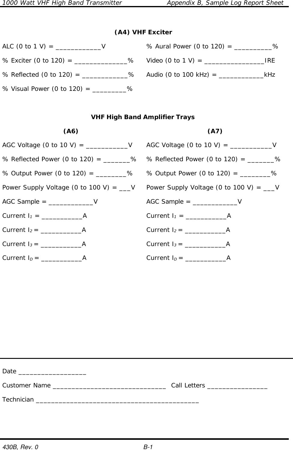 1000 Watt VHF High Band Transmitter    Appendix B, Sample Log Report Sheet  430B, Rev. 0    B-1  (A4) VHF Exciter    ALC (0 to 1 V) = ____________V % Aural Power (0 to 120) = __________%    % Exciter (0 to 120) = ______________% Video (0 to 1 V) = ________________IRE    % Reflected (0 to 120) = ____________% Audio (0 to 100 kHz) = ____________kHz    % Visual Power (0 to 120) = _________%      VHF High Band Amplifier Trays    (A6) (A7)    AGC Voltage (0 to 10 V) = ___________V AGC Voltage (0 to 10 V) = ___________V    % Reflected Power (0 to 120) = _______% % Reflected Power (0 to 120) = _______%    % Output Power (0 to 120) = ________% % Output Power (0 to 120) = ________%    Power Supply Voltage (0 to 100 V) = ___V Power Supply Voltage (0 to 100 V) = ___V    AGC Sample = ____________V AGC Sample = ____________V    Current I1 = ___________A Current I1 = ___________A    Current I2 = ___________A Current I2 = ___________A    Current I3 = ___________A Current I3 = ___________A    Current ID = ___________A Current ID = ___________A                   Date __________________  Customer Name ______________________________  Call Letters ________________  Technician ___________________________________________ 