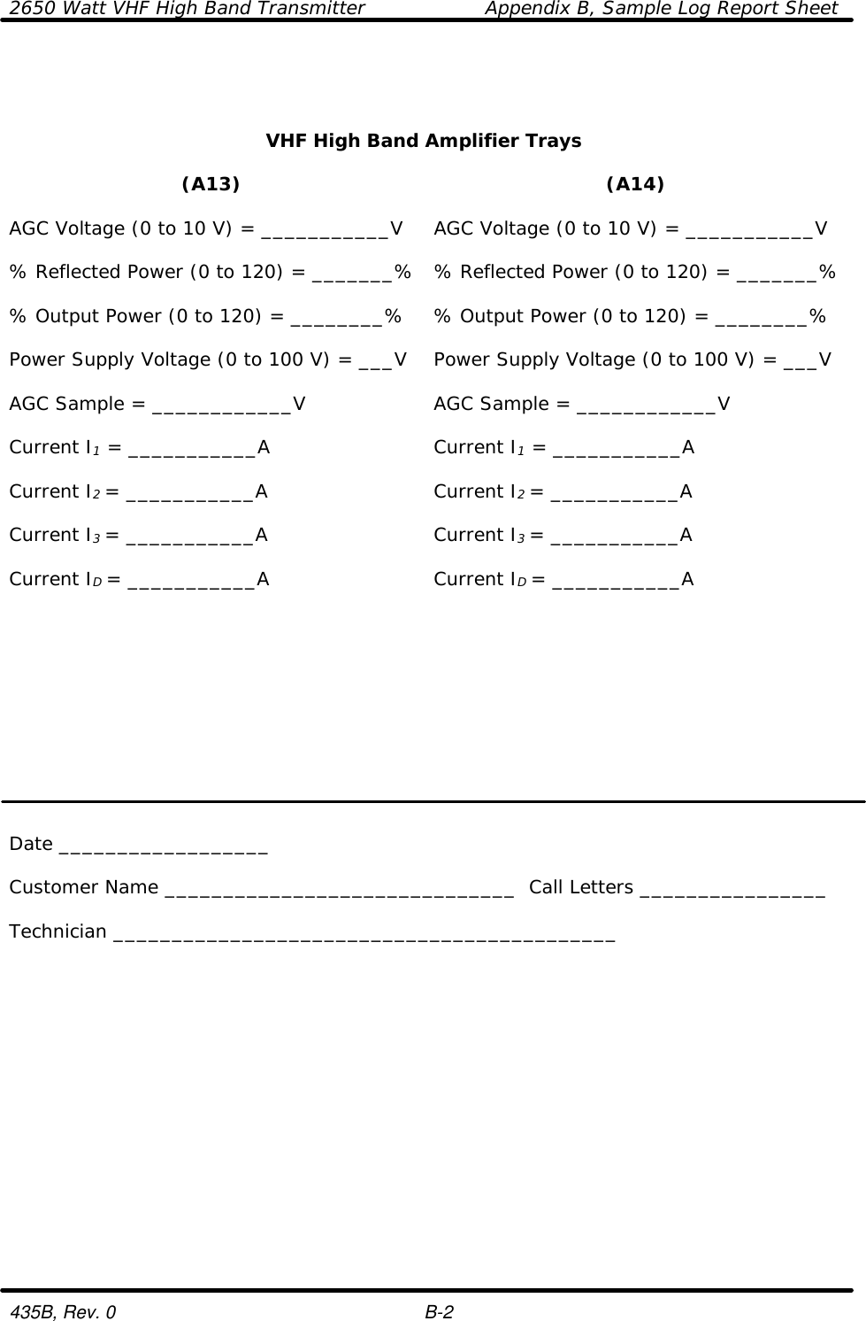 2650 Watt VHF High Band Transmitter    Appendix B, Sample Log Report Sheet  435B, Rev. 0    B-2    VHF High Band Amplifier Trays    (A13) (A14)    AGC Voltage (0 to 10 V) = ___________V AGC Voltage (0 to 10 V) = ___________V    % Reflected Power (0 to 120) = _______% % Reflected Power (0 to 120) = _______%    % Output Power (0 to 120) = ________% % Output Power (0 to 120) = ________%    Power Supply Voltage (0 to 100 V) = ___V Power Supply Voltage (0 to 100 V) = ___V    AGC Sample = ____________V AGC Sample = ____________V    Current I1 = ___________A Current I1 = ___________A    Current I2 = ___________A Current I2 = ___________A    Current I3 = ___________A Current I3 = ___________A    Current ID = ___________A Current ID = ___________A               Date __________________  Customer Name ______________________________  Call Letters ________________  Technician ___________________________________________ 