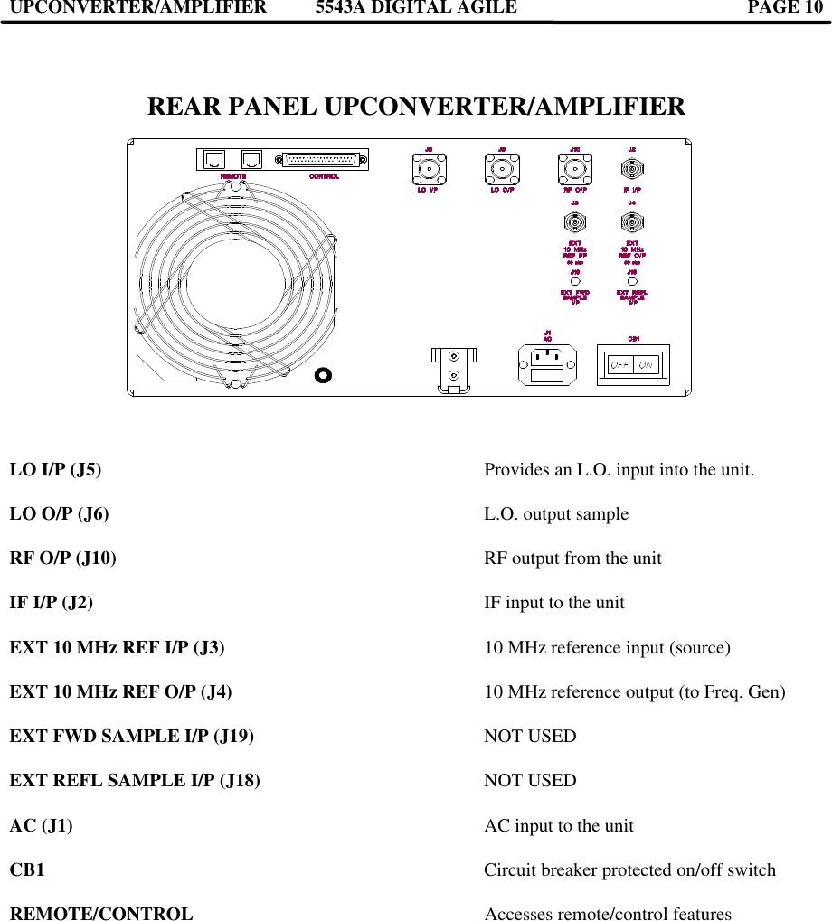 UPCONVERTER/AMPLIFIER 5543A DIGITAL AGILE  PAGE 10    REAR PANEL UPCONVERTER/AMPLIFIER    LO I/P (J5)      Provides an L.O. input into the unit.  LO O/P (J6)      L.O. output sample  RF O/P (J10)      RF output from the unit  IF I/P (J2)      IF input to the unit  EXT 10 MHz REF I/P (J3)    10 MHz reference input (source)  EXT 10 MHz REF O/P (J4)    10 MHz reference output (to Freq. Gen)  EXT FWD SAMPLE I/P (J19)    NOT USED  EXT REFL SAMPLE I/P (J18)    NOT USED  AC (J1)       AC input to the unit  CB1       Circuit breaker protected on/off switch  REMOTE/CONTROL     Accesses remote/control features  