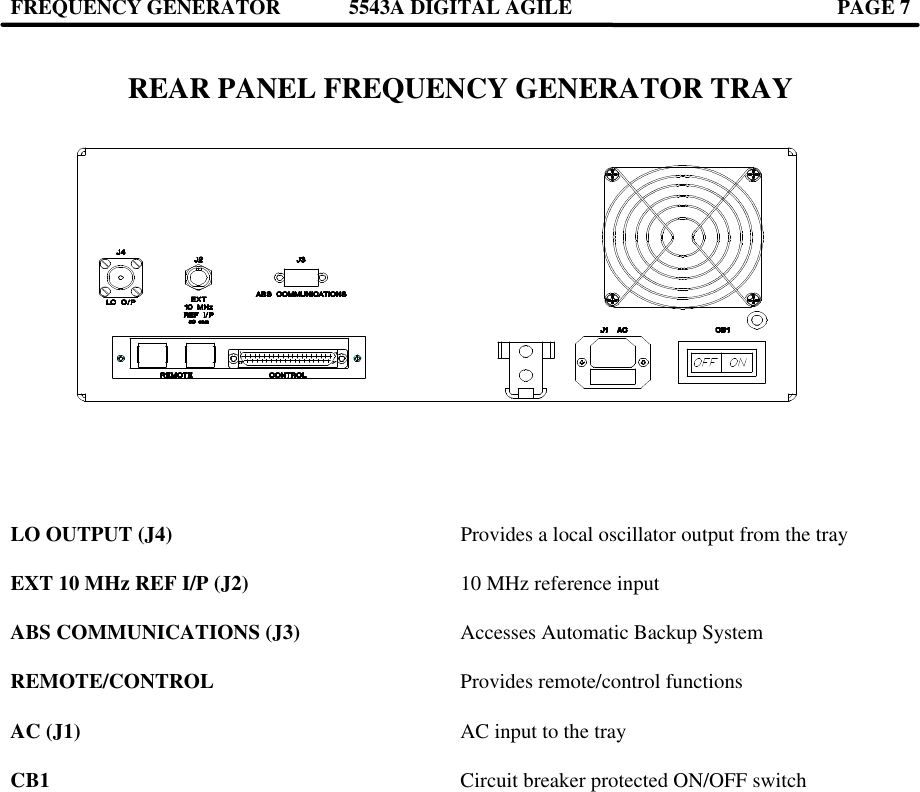 FREQUENCY GENERATOR 5543A DIGITAL AGILE  PAGE 7   REAR PANEL FREQUENCY GENERATOR TRAY      LO OUTPUT (J4)    Provides a local oscillator output from the tray  EXT 10 MHz REF I/P (J2)   10 MHz reference input  ABS COMMUNICATIONS (J3)   Accesses Automatic Backup System  REMOTE/CONTROL    Provides remote/control functions  AC (J1)      AC input to the tray  CB1      Circuit breaker protected ON/OFF switch        
