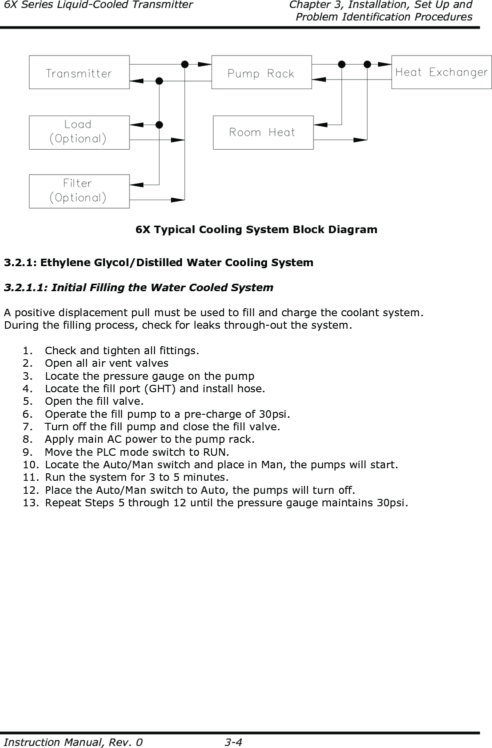 6X Series Liquid-Cooled Transmitter    Chapter 3, Installation, Set Up and     Problem Identification Procedures  Instruction Manual, Rev. 0  3-4      3.2.1: Ethylene Glycol/Distilled Water Cooling System  3.2.1.1: Initial Filling the Water Cooled System  A positive displacement pull must be used to fill and charge the coolant system.  During the filling process, check for leaks through-out the system.  1.  Check and tighten all fittings. 2.  Open all air vent valves 3.  Locate the pressure gauge on the pump 4.  Locate the fill port (GHT) and install hose. 5.  Open the fill valve. 6.  Operate the fill pump to a pre-charge of 30psi. 7.  Turn off the fill pump and close the fill valve. 8.  Apply main AC power to the pump rack. 9.  Move the PLC mode switch to RUN. 10.  Locate the Auto/Man switch and place in Man, the pumps will start. 11.  Run the system for 3 to 5 minutes. 12.  Place the Auto/Man switch to Auto, the pumps will turn off. 13.  Repeat Steps 5 through 12 until the pressure gauge maintains 30psi.  6X Typical Cooling System Block Diagram 