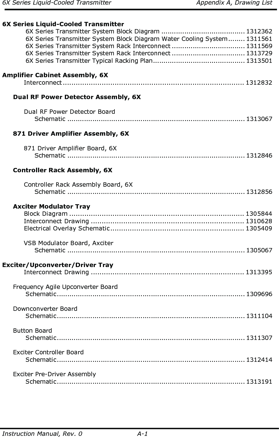6X Series Liquid-Cooled Transmitter    Appendix A, Drawing List   Instruction Manual, Rev. 0  A-1 6X Series Liquid-Cooled Transmitter     6X Series Transmitter System Block Diagram ........................................ 1312362     6X Series Transmitter System Block Diagram Water Cooling System........ 1311561     6X Series Transmitter System Rack Interconnect ................................... 1311569     6X Series Transmitter System Rack Interconnect ................................... 1313729     6X Series Transmitter Typical Racking Plan............................................ 1313501  Amplifier Cabinet Assembly, 6X   Interconnect .................................................................................... 1312832  Dual RF Power Detector Assembly, 6X      Dual RF Power Detector Board     Schematic ..................................................................................... 1313067  871 Driver Amplifier Assembly, 6X      871 Driver Amplifier Board, 6X     Schematic ..................................................................................... 1312846  Controller Rack Assembly, 6X      Controller Rack Assembly Board, 6X     Schematic ..................................................................................... 1312856  Axciter Modulator Tray   Block Diagram ................................................................................. 1305844   Interconnect Drawing ....................................................................... 1310628   Electrical Overlay Schematic.............................................................. 1305409      VSB Modulator Board, Axciter     Schematic ..................................................................................... 1305067    Exciter/Upconverter/Driver Tray   Interconnect Drawing ....................................................................... 1313395      Frequency Agile Upconverter Board     Schematic.......................................................................................... 1309696        Downconverter Board     Schematic.......................................................................................... 1311104        Button Board     Schematic.......................................................................................... 1311307        Exciter Controller Board     Schematic.......................................................................................... 1312414        Exciter Pre-Driver Assembly     Schematic.......................................................................................... 1313191          