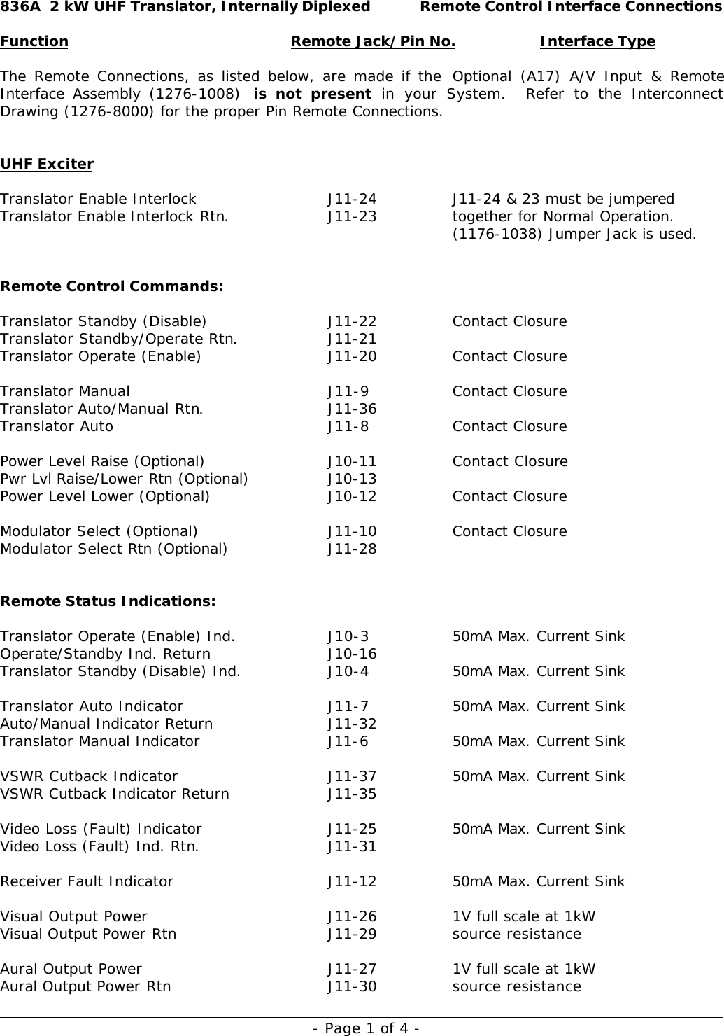 836A  2 kW UHF Translator, Internally Diplexed Remote Control Interface ConnectionsFunction Remote Jack/Pin No. Interface Type- Page 1 of 4 -The Remote Connections, as listed below, are made if the  Optional (A17) A/V Input &amp; RemoteInterface Assembly (1276-1008)  is not present in your System.  Refer to the InterconnectDrawing (1276-8000) for the proper Pin Remote Connections.UHF ExciterTranslator Enable Interlock J11-24 J11-24 &amp; 23 must be jumperedTranslator Enable Interlock Rtn.J11-23 together for Normal Operation.(1176-1038) Jumper Jack is used.Remote Control Commands:Translator Standby (Disable) J11-22 Contact ClosureTranslator Standby/Operate Rtn.J11-21Translator Operate (Enable) J11-20 Contact ClosureTranslator Manual J11-9 Contact ClosureTranslator Auto/Manual Rtn.J11-36Translator Auto J11-8 Contact ClosurePower Level Raise (Optional) J10-11 Contact ClosurePwr Lvl Raise/Lower Rtn (Optional) J10-13Power Level Lower (Optional) J10-12 Contact ClosureModulator Select (Optional) J11-10 Contact ClosureModulator Select Rtn (Optional) J11-28Remote Status Indications:Translator Operate (Enable) Ind. J10-3 50mA Max. Current SinkOperate/Standby Ind. Return J10-16Translator Standby (Disable) Ind. J10-4 50mA Max. Current SinkTranslator Auto Indicator J11-7 50mA Max. Current SinkAuto/Manual Indicator Return J11-32Translator Manual Indicator J11-650mA Max. Current SinkVSWR Cutback Indicator J11-37 50mA Max. Current SinkVSWR Cutback Indicator Return J11-35Video Loss (Fault) Indicator J11-25 50mA Max. Current SinkVideo Loss (Fault) Ind. Rtn.J11-31Receiver Fault Indicator J11-12 50mA Max. Current SinkVisual Output Power J11-26 1V full scale at 1kWVisual Output Power Rtn J11-29 source resistanceAural Output Power J11-27 1V full scale at 1kWAural Output Power Rtn J11-30 source resistance