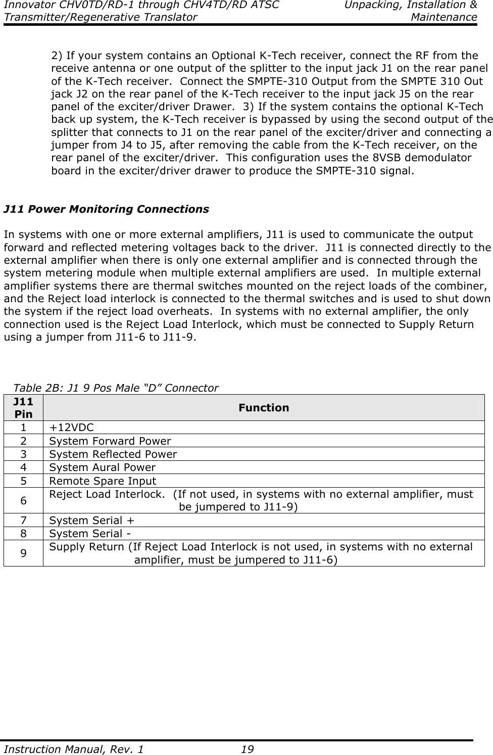 Innovator CHV0TD/RD-1 through CHV4TD/RD ATSC  Unpacking, Installation &amp; Transmitter/Regenerative Translator    Maintenance  Instruction Manual, Rev. 1    19  2) If your system contains an Optional K-Tech receiver, connect the RF from the receive antenna or one output of the splitter to the input jack J1 on the rear panel of the K-Tech receiver.  Connect the SMPTE-310 Output from the SMPTE 310 Out jack J2 on the rear panel of the K-Tech receiver to the input jack J5 on the rear panel of the exciter/driver Drawer.  3) If the system contains the optional K-Tech back up system, the K-Tech receiver is bypassed by using the second output of the splitter that connects to J1 on the rear panel of the exciter/driver and connecting a jumper from J4 to J5, after removing the cable from the K-Tech receiver, on the rear panel of the exciter/driver.  This configuration uses the 8VSB demodulator board in the exciter/driver drawer to produce the SMPTE-310 signal.   J11 Power Monitoring Connections  In systems with one or more external amplifiers, J11 is used to communicate the output forward and reflected metering voltages back to the driver.  J11 is connected directly to the external amplifier when there is only one external amplifier and is connected through the system metering module when multiple external amplifiers are used.  In multiple external amplifier systems there are thermal switches mounted on the reject loads of the combiner, and the Reject load interlock is connected to the thermal switches and is used to shut down the system if the reject load overheats.  In systems with no external amplifier, the only connection used is the Reject Load Interlock, which must be connected to Supply Return using a jumper from J11-6 to J11-9.     Table 2B: J1 9 Pos Male “D” Connector J11 Pin  Function 1  +12VDC 2  System Forward Power 3  System Reflected Power 4  System Aural Power 5  Remote Spare Input 6  Reject Load Interlock.  (If not used, in systems with no external amplifier, must                                    be jumpered to J11-9) 7  System Serial + 8  System Serial - 9  Supply Return (If Reject Load Interlock is not used, in systems with no external                        amplifier, must be jumpered to J11-6)   