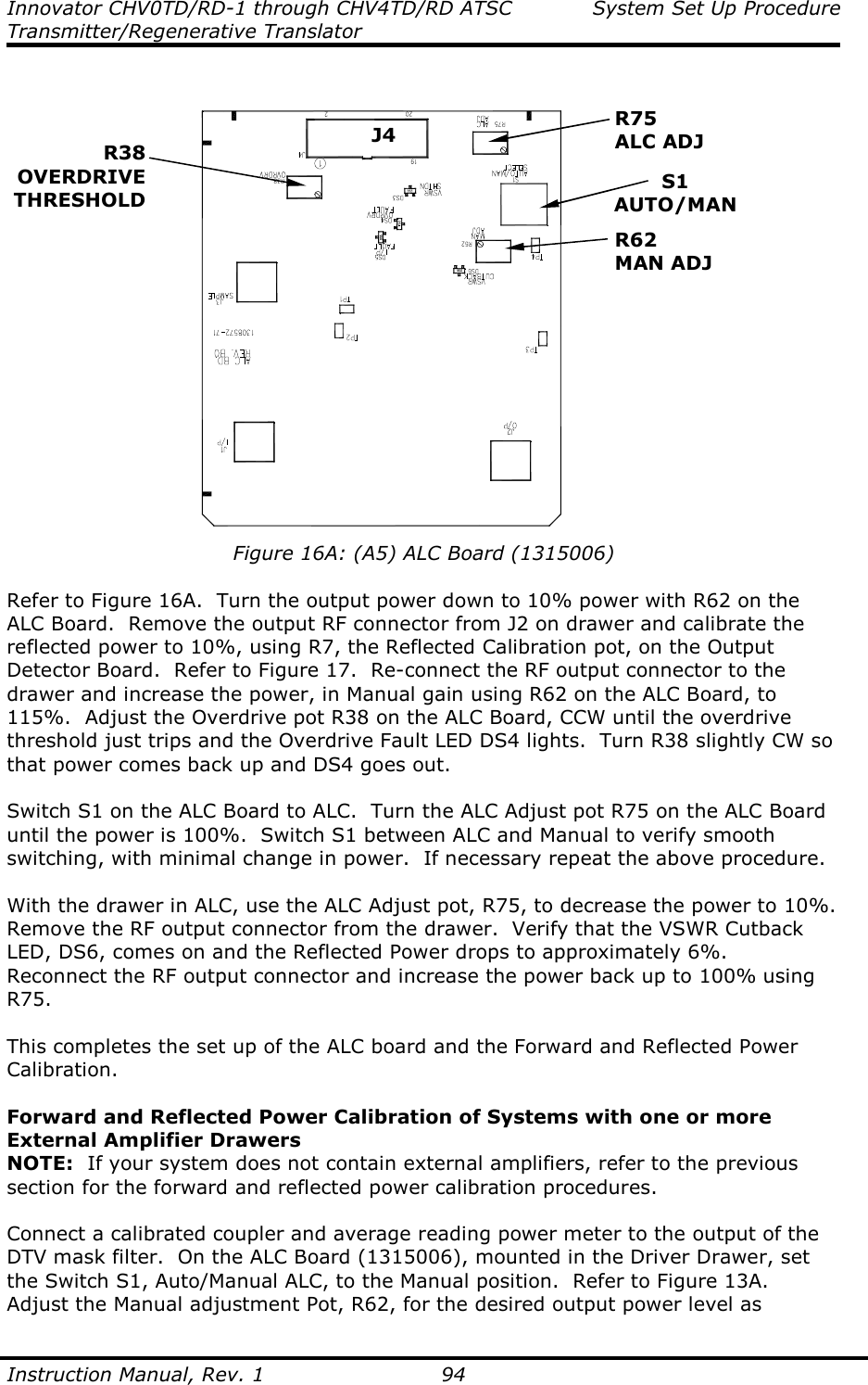 Innovator CHV0TD/RD-1 through CHV4TD/RD ATSC  System Set Up Procedure Transmitter/Regenerative Translator  Instruction Manual, Rev. 1    94   Figure 16A: (A5) ALC Board (1315006)  Refer to Figure 16A.  Turn the output power down to 10% power with R62 on the ALC Board.  Remove the output RF connector from J2 on drawer and calibrate the reflected power to 10%, using R7, the Reflected Calibration pot, on the Output Detector Board.  Refer to Figure 17.  Re-connect the RF output connector to the drawer and increase the power, in Manual gain using R62 on the ALC Board, to 115%.  Adjust the Overdrive pot R38 on the ALC Board, CCW until the overdrive threshold just trips and the Overdrive Fault LED DS4 lights.  Turn R38 slightly CW so that power comes back up and DS4 goes out.  Switch S1 on the ALC Board to ALC.  Turn the ALC Adjust pot R75 on the ALC Board until the power is 100%.  Switch S1 between ALC and Manual to verify smooth switching, with minimal change in power.  If necessary repeat the above procedure.  With the drawer in ALC, use the ALC Adjust pot, R75, to decrease the power to 10%.  Remove the RF output connector from the drawer.  Verify that the VSWR Cutback LED, DS6, comes on and the Reflected Power drops to approximately 6%.  Reconnect the RF output connector and increase the power back up to 100% using R75.  This completes the set up of the ALC board and the Forward and Reflected Power Calibration.  Forward and Reflected Power Calibration of Systems with one or more External Amplifier Drawers NOTE:  If your system does not contain external amplifiers, refer to the previous section for the forward and reflected power calibration procedures.  Connect a calibrated coupler and average reading power meter to the output of the DTV mask filter.  On the ALC Board (1315006), mounted in the Driver Drawer, set the Switch S1, Auto/Manual ALC, to the Manual position.  Refer to Figure 13A.  Adjust the Manual adjustment Pot, R62, for the desired output power level as R38 OVERDRIVE THRESHOLD S1 AUTO/MAN R75 ALC ADJ R62 MAN ADJ J4 