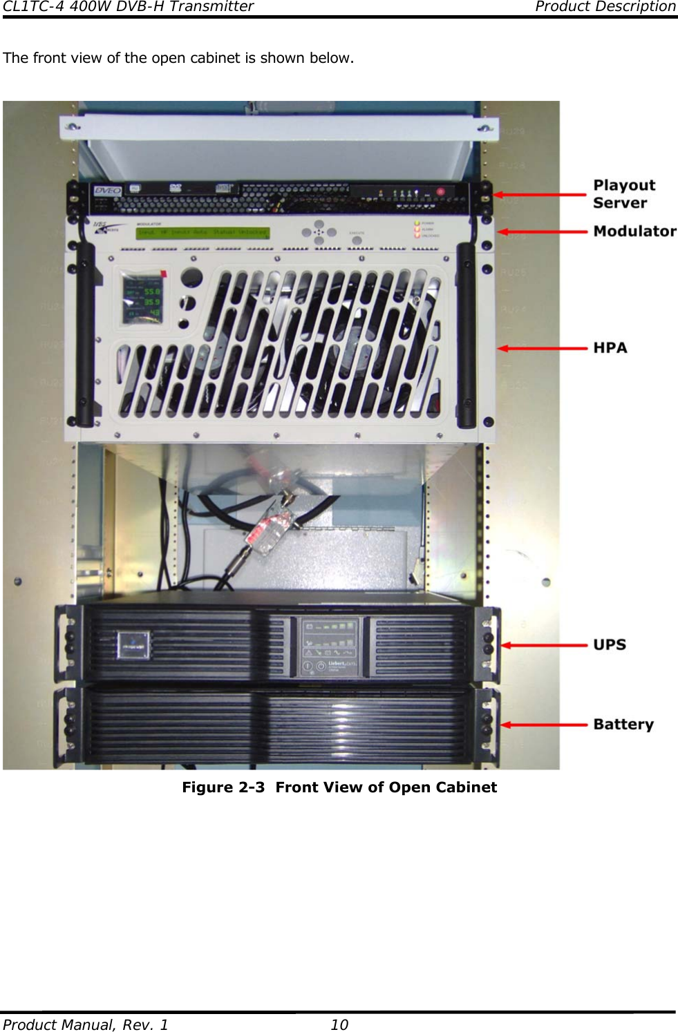 CL1TC-4 400W DVB-H Transmitter    Product Description  Product Manual, Rev. 1  10 The front view of the open cabinet is shown below.    Figure 2-3  Front View of Open Cabinet           