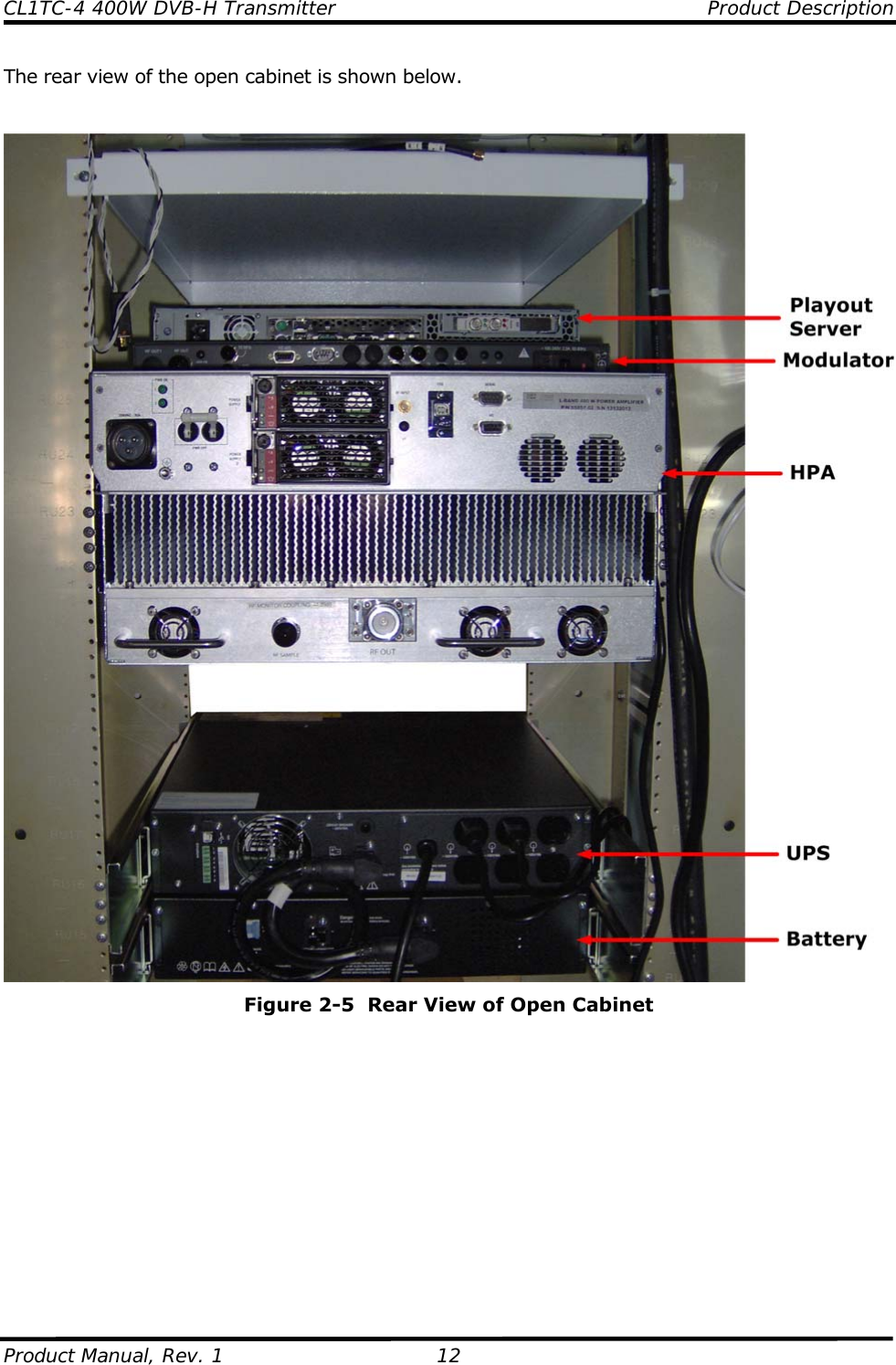 CL1TC-4 400W DVB-H Transmitter    Product Description  Product Manual, Rev. 1  12 The rear view of the open cabinet is shown below.    Figure 2-5  Rear View of Open Cabinet             