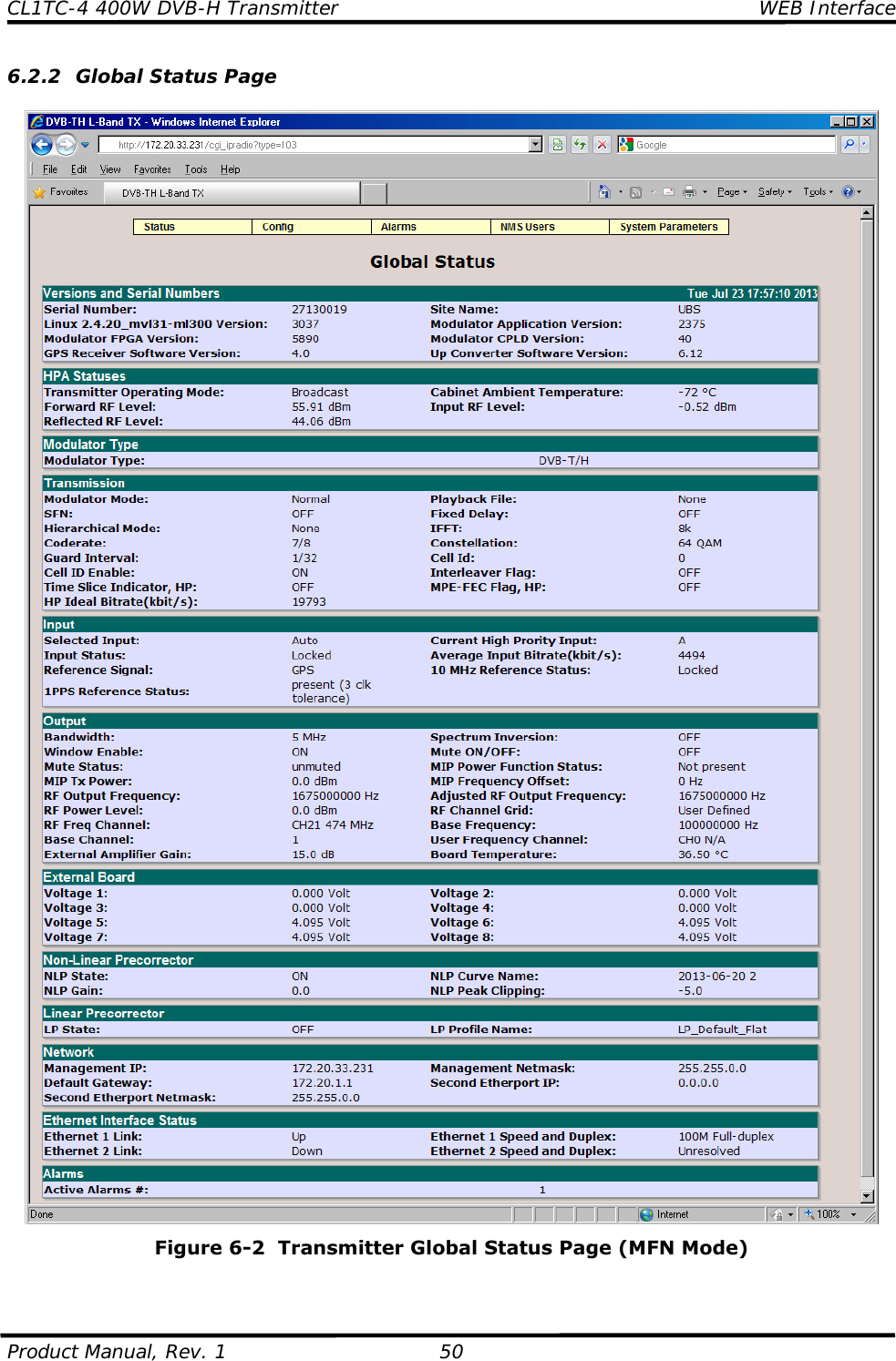 CL1TC-4 400W DVB-H Transmitter   WEB Interface  Product Manual, Rev. 1  50 6.2.2 Global Status Page   Figure 6-2  Transmitter Global Status Page (MFN Mode)   