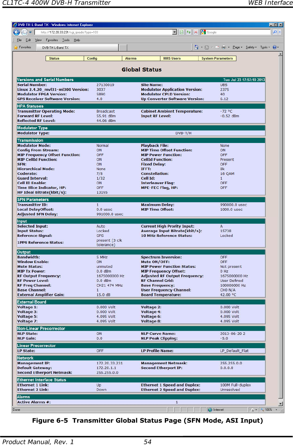 CL1TC-4 400W DVB-H Transmitter   WEB Interface  Product Manual, Rev. 1  54  Figure 6-5  Transmitter Global Status Page (SFN Mode, ASI Input) 
