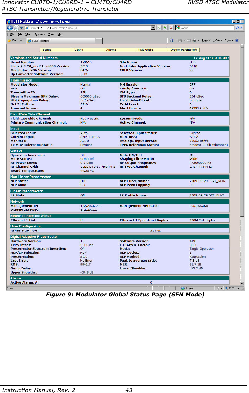 Innovator CU0TD-1/CU0RD-1 – CU4TD/CU4RD  8VSB ATSC Modulator ATSC Transmitter/Regenerative Translator  Instruction Manual, Rev. 2    43  Figure 9: Modulator Global Status Page (SFN Mode)            