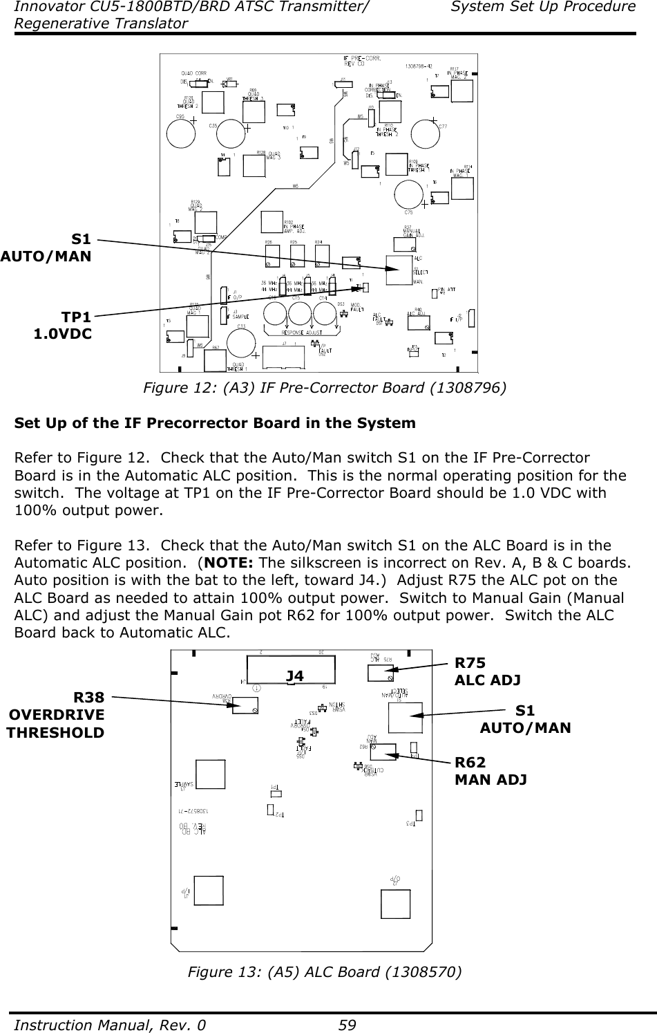 Innovator CU5-1800BTD/BRD ATSC Transmitter/  System Set Up Procedure Regenerative Translator  Instruction Manual, Rev. 0    59  Figure 12: (A3) IF Pre-Corrector Board (1308796)  Set Up of the IF Precorrector Board in the System  Refer to Figure 12.  Check that the Auto/Man switch S1 on the IF Pre-Corrector Board is in the Automatic ALC position.  This is the normal operating position for the switch.  The voltage at TP1 on the IF Pre-Corrector Board should be 1.0 VDC with 100% output power.  Refer to Figure 13.  Check that the Auto/Man switch S1 on the ALC Board is in the Automatic ALC position.  (NOTE: The silkscreen is incorrect on Rev. A, B &amp; C boards.  Auto position is with the bat to the left, toward J4.)  Adjust R75 the ALC pot on the ALC Board as needed to attain 100% output power.  Switch to Manual Gain (Manual ALC) and adjust the Manual Gain pot R62 for 100% output power.  Switch the ALC Board back to Automatic ALC.   Figure 13: (A5) ALC Board (1308570) S1 AUTO/MAN S1 AUTO/MAN TP1 1.0VDC J4 R75 ALC ADJ R62 MAN ADJ R38 OVERDRIVE THRESHOLD 