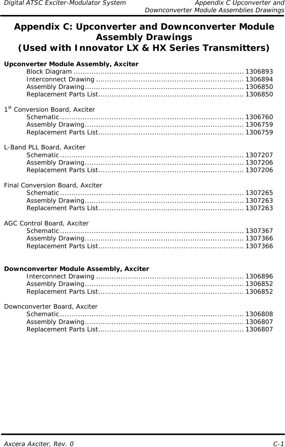 Digital ATSC Exciter-Modulator System Appendix C Upconverter and   Downconverter Module Assemblies Drawings  Axcera Axciter, Rev. 0 C-1 Appendix C: Upconverter and Downconverter Module Assembly Drawings                                                     (Used with Innovator LX &amp; HX Series Transmitters)  Upconverter Module Assembly, Axciter  Block Diagram ............................................................................ 1306893  Interconnect Drawing .................................................................. 1306894  Assembly Drawing....................................................................... 1306850  Replacement Parts List................................................................. 1306850  1st Conversion Board, Axciter  Schematic.................................................................................. 1306760  Assembly Drawing....................................................................... 1306759  Replacement Parts List................................................................. 1306759  L-Band PLL Board, Axciter  Schematic.................................................................................. 1307207  Assembly Drawing....................................................................... 1307206  Replacement Parts List................................................................. 1307206  Final Conversion Board, Axciter  Schematic.................................................................................. 1307265  Assembly Drawing....................................................................... 1307263  Replacement Parts List................................................................. 1307263  AGC Control Board, Axciter  Schematic.................................................................................. 1307367  Assembly Drawing....................................................................... 1307366  Replacement Parts List................................................................. 1307366   Downconverter Module Assembly, Axciter  Interconnect Drawing .................................................................. 1306896  Assembly Drawing....................................................................... 1306852  Replacement Parts List................................................................. 1306852  Downconverter Board, Axciter  Schematic.................................................................................. 1306808  Assembly Drawing....................................................................... 1306807  Replacement Parts List................................................................. 1306807          