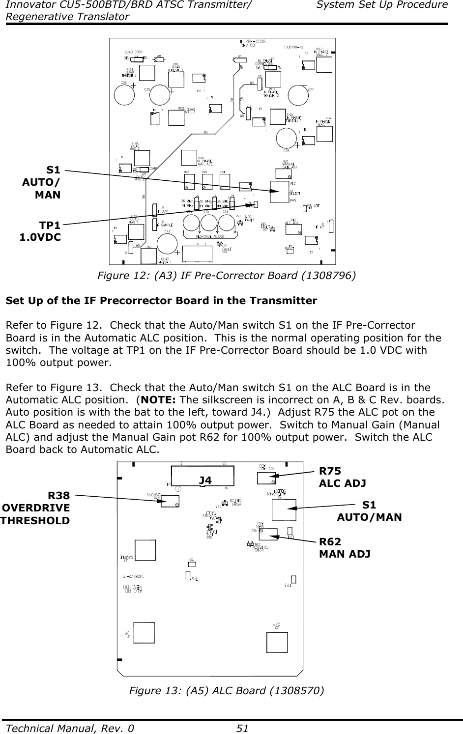 Innovator CU5-500BTD/BRD ATSC Transmitter/  System Set Up Procedure Regenerative Translator  Technical Manual, Rev. 0    51  Figure 12: (A3) IF Pre-Corrector Board (1308796)  Set Up of the IF Precorrector Board in the Transmitter  Refer to Figure 12.  Check that the Auto/Man switch S1 on the IF Pre-Corrector Board is in the Automatic ALC position.  This is the normal operating position for the switch.  The voltage at TP1 on the IF Pre-Corrector Board should be 1.0 VDC with 100% output power.  Refer to Figure 13.  Check that the Auto/Man switch S1 on the ALC Board is in the Automatic ALC position.  (NOTE: The silkscreen is incorrect on A, B &amp; C Rev. boards.  Auto position is with the bat to the left, toward J4.)  Adjust R75 the ALC pot on the ALC Board as needed to attain 100% output power.  Switch to Manual Gain (Manual ALC) and adjust the Manual Gain pot R62 for 100% output power.  Switch the ALC Board back to Automatic ALC.   Figure 13: (A5) ALC Board (1308570) S1 AUTO/ MAN S1 AUTO/MAN TP1 1.0VDC J4 R75 ALC ADJ R62 MAN ADJ R38 OVERDRIVE THRESHOLD 