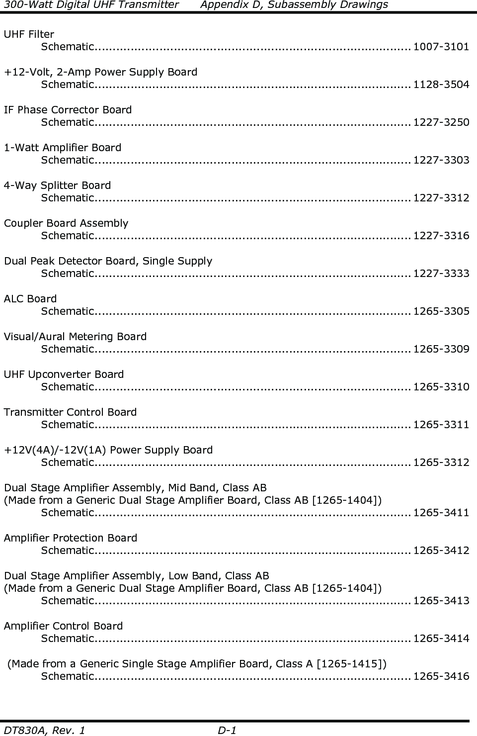 300-Watt Digital UHF Transmitter      Appendix D, Subassembly Drawings  DT830A, Rev. 1  D-1 UHF Filter   Schematic........................................................................................ 1007-3101  +12-Volt, 2-Amp Power Supply Board   Schematic........................................................................................ 1128-3504  IF Phase Corrector Board   Schematic........................................................................................ 1227-3250  1-Watt Amplifier Board   Schematic........................................................................................ 1227-3303  4-Way Splitter Board   Schematic........................................................................................ 1227-3312  Coupler Board Assembly   Schematic........................................................................................ 1227-3316  Dual Peak Detector Board, Single Supply   Schematic........................................................................................ 1227-3333  ALC Board   Schematic........................................................................................ 1265-3305  Visual/Aural Metering Board   Schematic........................................................................................ 1265-3309  UHF Upconverter Board   Schematic........................................................................................ 1265-3310  Transmitter Control Board   Schematic........................................................................................ 1265-3311  +12V(4A)/-12V(1A) Power Supply Board   Schematic........................................................................................ 1265-3312    Dual Stage Amplifier Assembly, Mid Band, Class AB (Made from a Generic Dual Stage Amplifier Board, Class AB [1265-1404])   Schematic........................................................................................ 1265-3411   Amplifier Protection Board   Schematic........................................................................................ 1265-3412  Dual Stage Amplifier Assembly, Low Band, Class AB (Made from a Generic Dual Stage Amplifier Board, Class AB [1265-1404])   Schematic........................................................................................ 1265-3413   Amplifier Control Board   Schematic........................................................................................ 1265-3414   (Made from a Generic Single Stage Amplifier Board, Class A [1265-1415])   Schematic........................................................................................ 1265-3416   