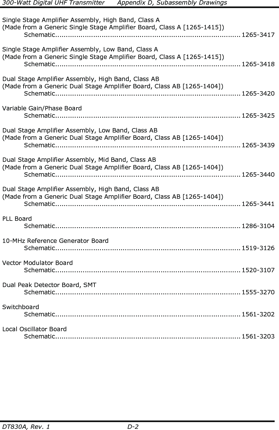 300-Watt Digital UHF Transmitter      Appendix D, Subassembly Drawings  DT830A, Rev. 1  D-2 Single Stage Amplifier Assembly, High Band, Class A (Made from a Generic Single Stage Amplifier Board, Class A [1265-1415])   Schematic........................................................................................ 1265-3417   Single Stage Amplifier Assembly, Low Band, Class A (Made from a Generic Single Stage Amplifier Board, Class A [1265-1415])   Schematic........................................................................................ 1265-3418  Dual Stage Amplifier Assembly, High Band, Class AB (Made from a Generic Dual Stage Amplifier Board, Class AB [1265-1404])   Schematic........................................................................................ 1265-3420   Variable Gain/Phase Board   Schematic........................................................................................ 1265-3425  Dual Stage Amplifier Assembly, Low Band, Class AB (Made from a Generic Dual Stage Amplifier Board, Class AB [1265-1404])   Schematic........................................................................................ 1265-3439  Dual Stage Amplifier Assembly, Mid Band, Class AB (Made from a Generic Dual Stage Amplifier Board, Class AB [1265-1404])   Schematic........................................................................................ 1265-3440   Dual Stage Amplifier Assembly, High Band, Class AB (Made from a Generic Dual Stage Amplifier Board, Class AB [1265-1404])   Schematic........................................................................................ 1265-3441   PLL Board   Schematic........................................................................................ 1286-3104    10-MHz Reference Generator Board   Schematic........................................................................................ 1519-3126    Vector Modulator Board   Schematic........................................................................................ 1520-3107    Dual Peak Detector Board, SMT   Schematic........................................................................................ 1555-3270    Switchboard   Schematic........................................................................................ 1561-3202    Local Oscillator Board   Schematic........................................................................................ 1561-3203     