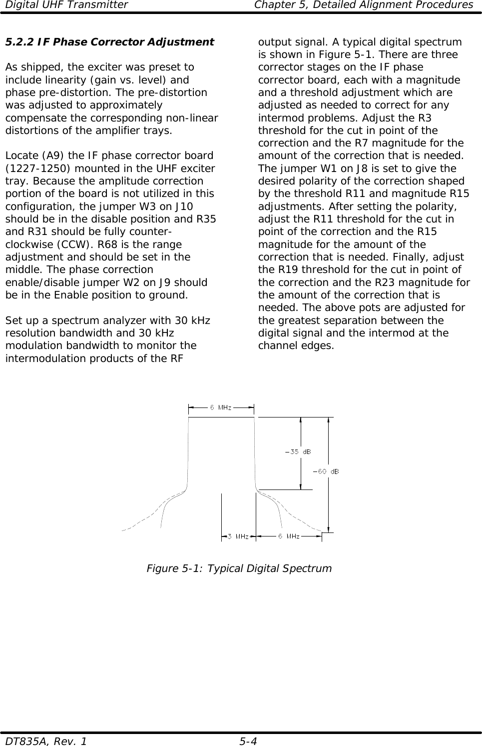 Digital UHF Transmitter    Chapter 5, Detailed Alignment Procedures DT835A, Rev. 1 5-4   5.2.2 IF Phase Corrector Adjustment  As shipped, the exciter was preset to include linearity (gain vs. level) and phase pre-distortion. The pre-distortion was adjusted to approximately compensate the corresponding non-linear distortions of the amplifier trays.  Locate (A9) the IF phase corrector board (1227-1250) mounted in the UHF exciter tray. Because the amplitude correction portion of the board is not utilized in this configuration, the jumper W3 on J10 should be in the disable position and R35 and R31 should be fully counter-clockwise (CCW). R68 is the range adjustment and should be set in the middle. The phase correction enable/disable jumper W2 on J9 should be in the Enable position to ground.  Set up a spectrum analyzer with 30 kHz resolution bandwidth and 30 kHz modulation bandwidth to monitor the intermodulation products of the RF output signal. A typical digital spectrum is shown in Figure 5-1. There are three corrector stages on the IF phase corrector board, each with a magnitude and a threshold adjustment which are adjusted as needed to correct for any intermod problems. Adjust the R3 threshold for the cut in point of the correction and the R7 magnitude for the amount of the correction that is needed. The jumper W1 on J8 is set to give the desired polarity of the correction shaped by the threshold R11 and magnitude R15 adjustments. After setting the polarity, adjust the R11 threshold for the cut in point of the correction and the R15 magnitude for the amount of the correction that is needed. Finally, adjust the R19 threshold for the cut in point of the correction and the R23 magnitude for the amount of the correction that is needed. The above pots are adjusted for the greatest separation between the digital signal and the intermod at the channel edges.      Figure 5-1: Typical Digital Spectrum  