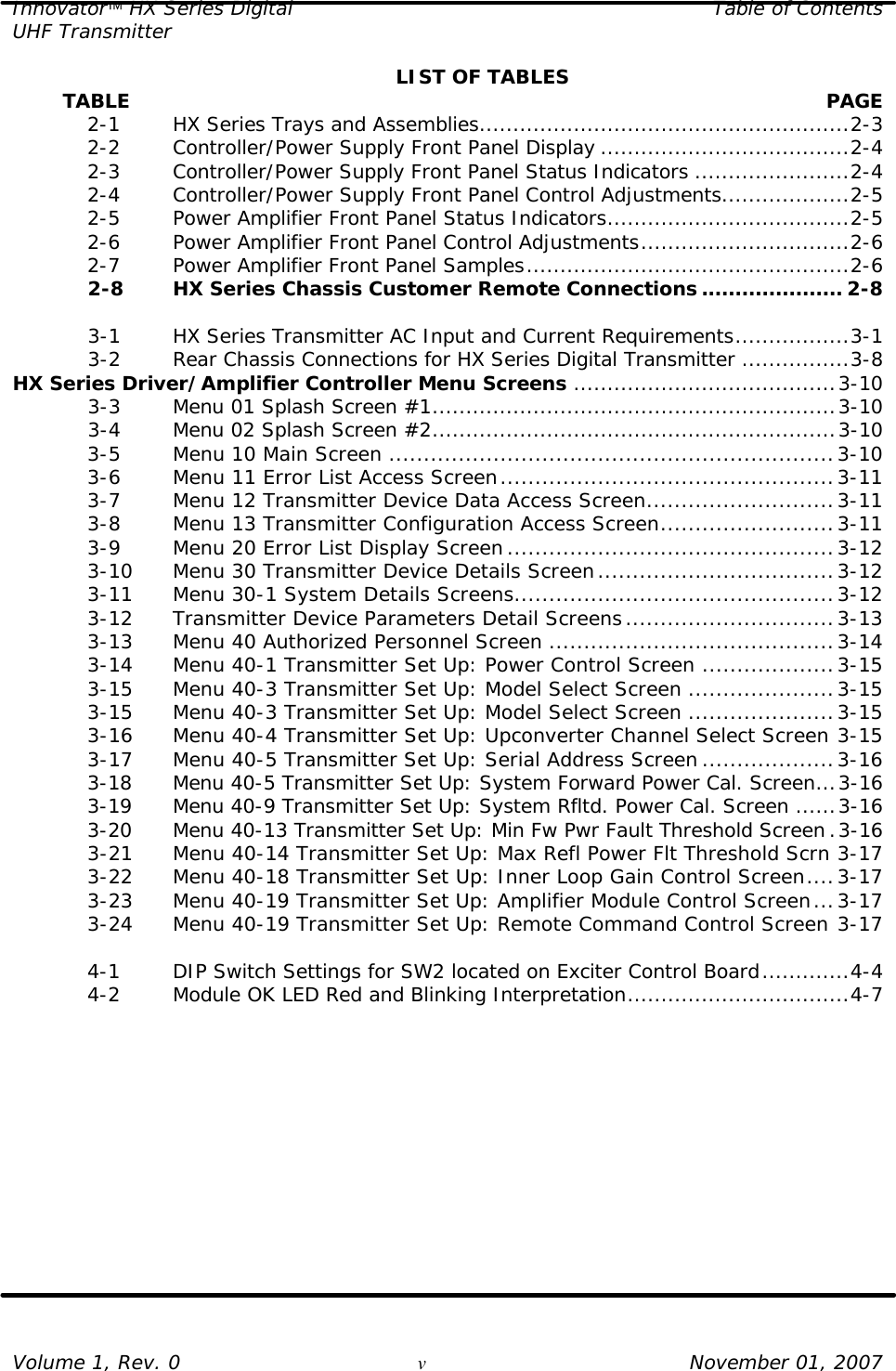 Innovator HX Series Digital Table of Contents UHF Transmitter  Volume 1, Rev. 0 v November 01, 2007 LIST OF TABLES         TABLE  PAGE  2-1   HX Series Trays and Assemblies.......................................................2-3  2-2   Controller/Power Supply Front Panel Display .....................................2-4  2-3   Controller/Power Supply Front Panel Status Indicators .......................2-4  2-4   Controller/Power Supply Front Panel Control Adjustments...................2-5  2-5   Power Amplifier Front Panel Status Indicators....................................2-5  2-6   Power Amplifier Front Panel Control Adjustments...............................2-6  2-7   Power Amplifier Front Panel Samples................................................2-6  2-8   HX Series Chassis Customer Remote Connections ..................... 2-8   3-1   HX Series Transmitter AC Input and Current Requirements.................3-1  3-2   Rear Chassis Connections for HX Series Digital Transmitter ................3-8 HX Series Driver/Amplifier Controller Menu Screens .......................................3-10  3-3   Menu 01 Splash Screen #1............................................................3-10  3-4   Menu 02 Splash Screen #2............................................................3-10  3-5   Menu 10 Main Screen ................................................................3-10  3-6   Menu 11 Error List Access Screen................................................3-11  3-7   Menu 12 Transmitter Device Data Access Screen...........................3-11  3-8   Menu 13 Transmitter Configuration Access Screen.........................3-11  3-9   Menu 20 Error List Display Screen...............................................3-12  3-10 Menu 30 Transmitter Device Details Screen..................................3-12  3-11 Menu 30-1 System Details Screens..............................................3-12  3-12 Transmitter Device Parameters Detail Screens..............................3-13  3-13 Menu 40 Authorized Personnel Screen .........................................3-14  3-14 Menu 40-1 Transmitter Set Up: Power Control Screen ...................3-15  3-15 Menu 40-3 Transmitter Set Up: Model Select Screen .....................3-15  3-15 Menu 40-3 Transmitter Set Up: Model Select Screen .....................3-15  3-16 Menu 40-4 Transmitter Set Up: Upconverter Channel Select Screen 3-15  3-17 Menu 40-5 Transmitter Set Up: Serial Address Screen ...................3-16  3-18 Menu 40-5 Transmitter Set Up: System Forward Power Cal. Screen...3-16  3-19 Menu 40-9 Transmitter Set Up: System Rfltd. Power Cal. Screen ......3-16  3-20 Menu 40-13 Transmitter Set Up: Min Fw Pwr Fault Threshold Screen.3-16  3-21 Menu 40-14 Transmitter Set Up: Max Refl Power Flt Threshold Scrn 3-17  3-22 Menu 40-18 Transmitter Set Up: Inner Loop Gain Control Screen....3-17  3-23 Menu 40-19 Transmitter Set Up: Amplifier Module Control Screen...3-17  3-24 Menu 40-19 Transmitter Set Up: Remote Command Control Screen 3-17   4-1   DIP Switch Settings for SW2 located on Exciter Control Board.............4-4  4-2   Module OK LED Red and Blinking Interpretation.................................4-7   