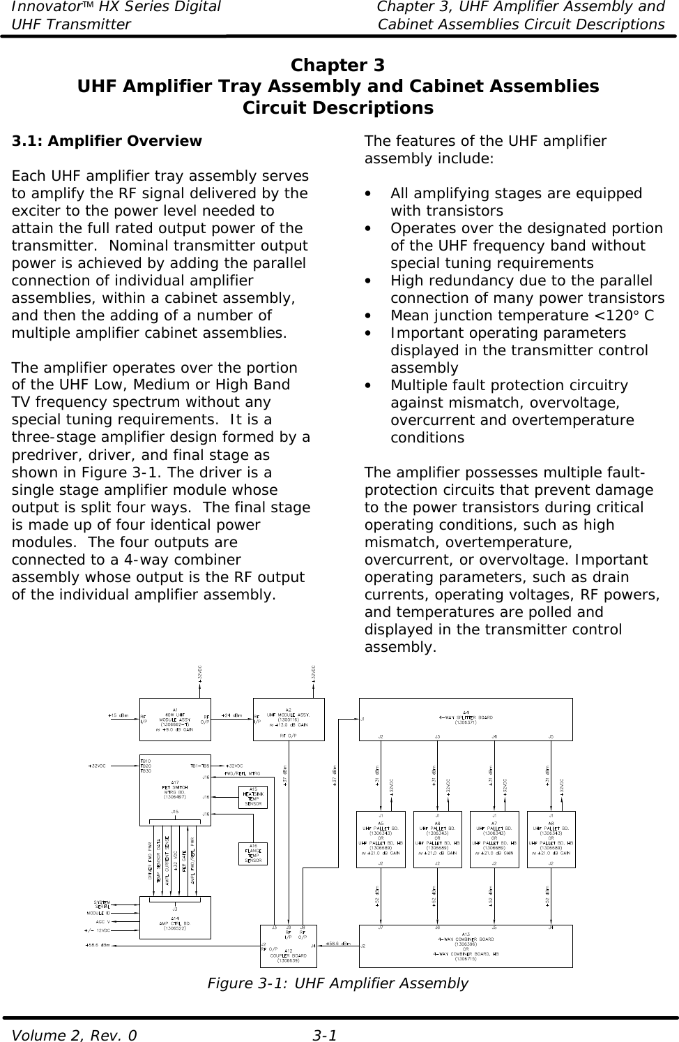 Innovator HX Series Digital Chapter 3, UHF Amplifier Assembly and UHF Transmitter Cabinet Assemblies Circuit Descriptions  Volume 2, Rev. 0 3-1 Chapter 3 UHF Amplifier Tray Assembly and Cabinet Assemblies Circuit Descriptions  3.1: Amplifier Overview  Each UHF amplifier tray assembly serves to amplify the RF signal delivered by the exciter to the power level needed to attain the full rated output power of the transmitter.  Nominal transmitter output power is achieved by adding the parallel connection of individual amplifier assemblies, within a cabinet assembly, and then the adding of a number of multiple amplifier cabinet assemblies.  The amplifier operates over the portion of the UHF Low, Medium or High Band TV frequency spectrum without any special tuning requirements.  It is a three-stage amplifier design formed by a predriver, driver, and final stage as shown in Figure 3-1. The driver is a single stage amplifier module whose output is split four ways.  The final stage is made up of four identical power modules.  The four outputs are connected to a 4-way combiner assembly whose output is the RF output of the individual amplifier assembly. The features of the UHF amplifier assembly include:  • All amplifying stages are equipped with transistors • Operates over the designated portion of the UHF frequency band without special tuning requirements • High redundancy due to the parallel connection of many power transistors • Mean junction temperature &lt;120° C • Important operating parameters displayed in the transmitter control assembly • Multiple fault protection circuitry against mismatch, overvoltage, overcurrent and overtemperature conditions  The amplifier possesses multiple fault-protection circuits that prevent damage to the power transistors during critical operating conditions, such as high mismatch, overtemperature, overcurrent, or overvoltage. Important operating parameters, such as drain currents, operating voltages, RF powers, and temperatures are polled and displayed in the transmitter control assembly.   Figure 3-1: UHF Amplifier Assembly 