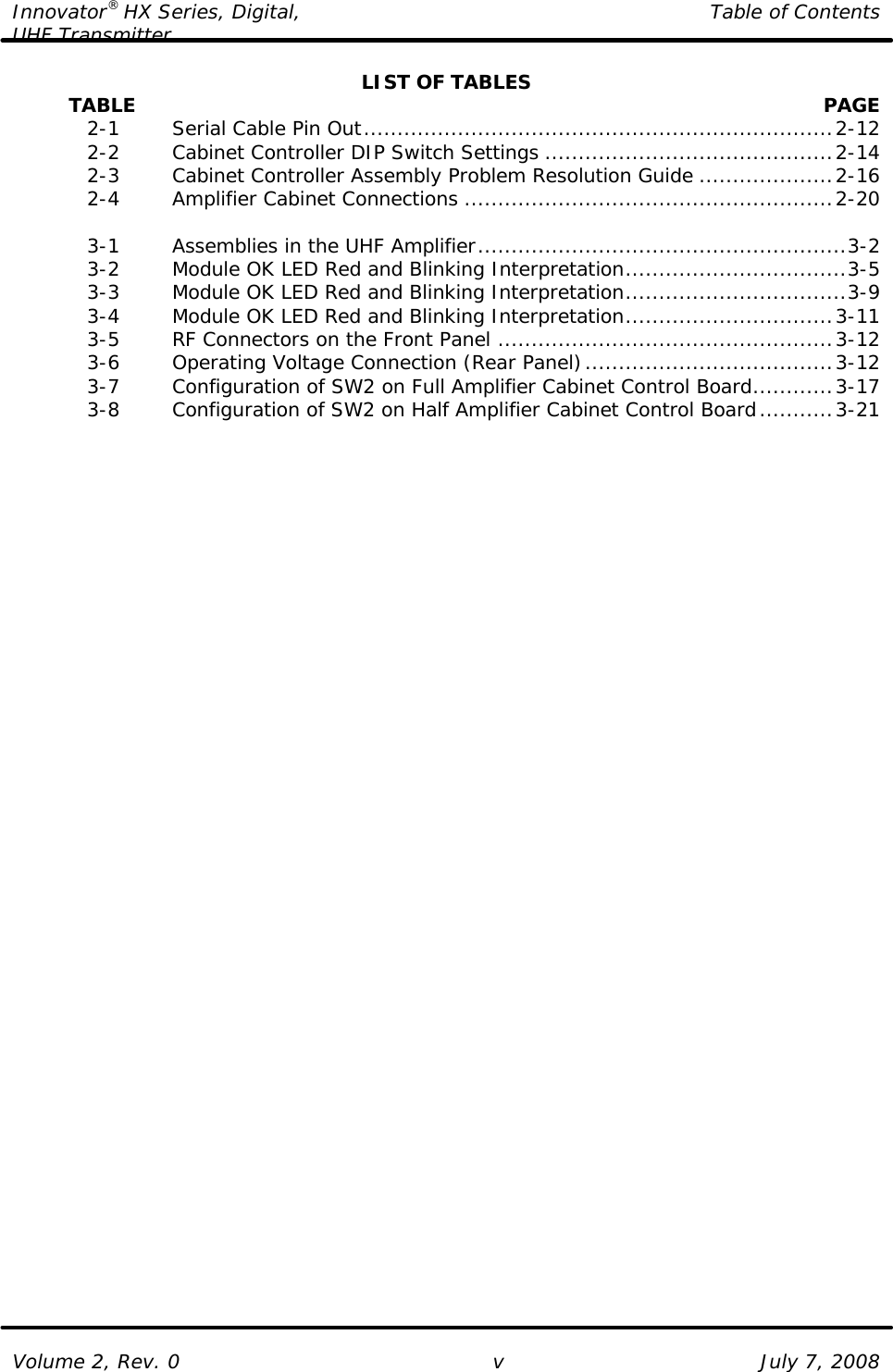 Innovator® HX Series, Digital, Table of Contents UHF Transmitter  Volume 2, Rev. 0 v July 7, 2008 LIST OF TABLES          TABLE    PAGE  2-1   Serial Cable Pin Out......................................................................2-12  2-2   Cabinet Controller DIP Switch Settings ...........................................2-14  2-3   Cabinet Controller Assembly Problem Resolution Guide ....................2-16  2-4   Amplifier Cabinet Connections .......................................................2-20   3-1   Assemblies in the UHF Amplifier.......................................................3-2  3-2   Module OK LED Red and Blinking Interpretation.................................3-5  3-3   Module OK LED Red and Blinking Interpretation.................................3-9  3-4   Module OK LED Red and Blinking Interpretation...............................3-11  3-5   RF Connectors on the Front Panel ..................................................3-12  3-6   Operating Voltage Connection (Rear Panel).....................................3-12  3-7   Configuration of SW2 on Full Amplifier Cabinet Control Board............3-17  3-8   Configuration of SW2 on Half Amplifier Cabinet Control Board...........3-21  