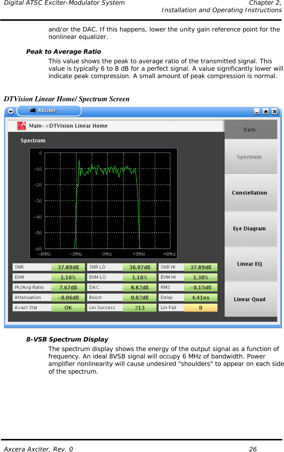 Digital ATSC Exciter-Modulator System Chapter 2,   Installation and Operating Instructions  Axcera Axciter, Rev. 0    26 and/or the DAC. If this happens, lower the unity gain reference point for the nonlinear equalizer. Peak to Average Ratio This value shows the peak to average ratio of the transmitted signal. This value is typically 6 to 8 dB for a perfect signal. A value significantly lower will indicate peak compression. A small amount of peak compression is normal.  DTVision Linear Home/ Spectrum Screen  8-VSB Spectrum Display The spectrum display shows the energy of the output signal as a function of frequency. An ideal 8VSB signal will occupy 6 MHz of bandwidth. Power amplifier nonlinearity will cause undesired &quot;shoulders&quot; to appear on each side of the spectrum.    