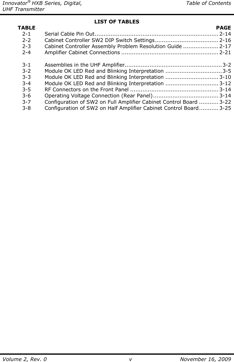 Innovator® HXB Series, Digital,  Table of Contents UHF Transmitter  Volume 2, Rev. 0 v  November 16, 2009 LIST OF TABLES          TABLE    PAGE   2-1    Serial Cable Pin Out...................................................................... 2-14   2-2    Cabinet Controller SW2 DIP Switch Settings.................................... 2-16   2-3    Cabinet Controller Assembly Problem Resolution Guide .................... 2-17   2-4    Amplifier Cabinet Connections ....................................................... 2-21    3-1    Assemblies in the UHF Amplifier.......................................................3-2   3-2    Module OK LED Red and Blinking Interpretation ................................3-5   3-3    Module OK LED Red and Blinking Interpretation .............................. 3-10   3-4    Module OK LED Red and Blinking Interpretation .............................. 3-12   3-5    RF Connectors on the Front Panel .................................................. 3-14   3-6    Operating Voltage Connection (Rear Panel)..................................... 3-14   3-7    Configuration of SW2 on Full Amplifier Cabinet Control Board ........... 3-22   3-8    Configuration of SW2 on Half Amplifier Cabinet Control Board........... 3-25  