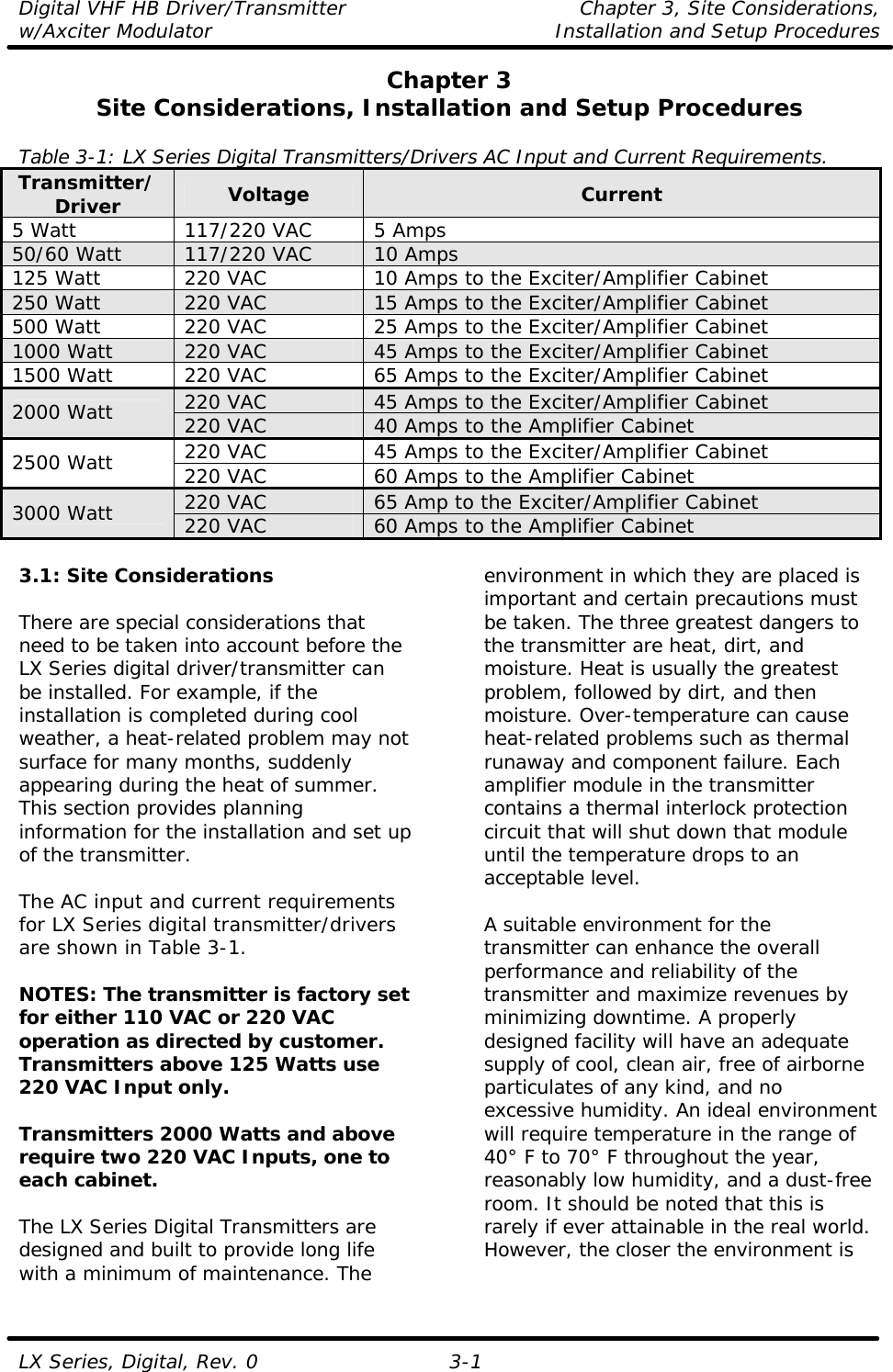 Digital VHF HB Driver/Transmitter Chapter 3, Site Considerations,  w/Axciter Modulator Installation and Setup Procedures  LX Series, Digital, Rev. 0 3-1 Chapter 3 Site Considerations, Installation and Setup Procedures  Table 3-1: LX Series Digital Transmitters/Drivers AC Input and Current Requirements. Transmitter/Driver Voltage Current 5 Watt 117/220 VAC 5 Amps 50/60 Watt 117/220 VAC 10 Amps 125 Watt 220 VAC 10 Amps to the Exciter/Amplifier Cabinet 250 Watt 220 VAC 15 Amps to the Exciter/Amplifier Cabinet 500 Watt 220 VAC 25 Amps to the Exciter/Amplifier Cabinet 1000 Watt 220 VAC 45 Amps to the Exciter/Amplifier Cabinet 1500 Watt 220 VAC 65 Amps to the Exciter/Amplifier Cabinet 220 VAC 45 Amps to the Exciter/Amplifier Cabinet 2000 Watt 220 VAC 40 Amps to the Amplifier Cabinet 220 VAC 45 Amps to the Exciter/Amplifier Cabinet 2500 Watt 220 VAC 60 Amps to the Amplifier Cabinet 220 VAC 65 Amp to the Exciter/Amplifier Cabinet 3000 Watt 220 VAC 60 Amps to the Amplifier Cabinet  3.1: Site Considerations  There are special considerations that need to be taken into account before the LX Series digital driver/transmitter can be installed. For example, if the installation is completed during cool weather, a heat-related problem may not surface for many months, suddenly appearing during the heat of summer. This section provides planning information for the installation and set up of the transmitter.  The AC input and current requirements for LX Series digital transmitter/drivers are shown in Table 3-1.  NOTES: The transmitter is factory set for either 110 VAC or 220 VAC operation as directed by customer.  Transmitters above 125 Watts use 220 VAC Input only.  Transmitters 2000 Watts and above require two 220 VAC Inputs, one to each cabinet.  The LX Series Digital Transmitters are designed and built to provide long life with a minimum of maintenance. The environment in which they are placed is important and certain precautions must be taken. The three greatest dangers to the transmitter are heat, dirt, and moisture. Heat is usually the greatest problem, followed by dirt, and then moisture. Over-temperature can cause heat-related problems such as thermal runaway and component failure. Each amplifier module in the transmitter contains a thermal interlock protection circuit that will shut down that module until the temperature drops to an acceptable level.  A suitable environment for the transmitter can enhance the overall performance and reliability of the transmitter and maximize revenues by minimizing downtime. A properly designed facility will have an adequate supply of cool, clean air, free of airborne particulates of any kind, and no excessive humidity. An ideal environment will require temperature in the range of 40° F to 70° F throughout the year, reasonably low humidity, and a dust-free room. It should be noted that this is rarely if ever attainable in the real world. However, the closer the environment is 
