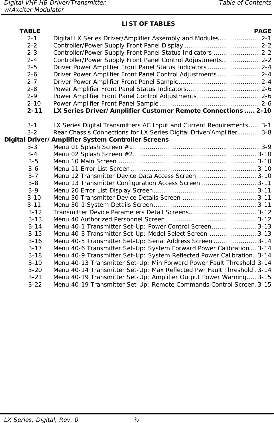Digital VHF HB Driver/Transmitter    Table of Contents w/Axciter Modulator  LX Series, Digital, Rev. 0 iv LIST OF TABLES         TABLE  PAGE  2-1   Digital LX Series Driver/Amplifier Assembly and Modules....................2-1  2-2   Controller/Power Supply Front Panel Display .....................................2-2  2-3   Controller/Power Supply Front Panel Status Indicators .......................2-2  2-4   Controller/Power Supply Front Panel Control Adjustments...................2-2  2-5   Driver Power Amplifier Front Panel Status Indicators..........................2-4  2-6   Driver Power Amplifier Front Panel Control Adjustments.....................2-4  2-7   Driver Power Amplifier Front Panel Sample........................................2-4  2-8   Power Amplifier Front Panel Status Indicators....................................2-6  2-9   Power Amplifier Front Panel Control Adjustments...............................2-6  2-10 Power Amplifier Front Panel Sample.................................................2-6  2-11 LX Series Driver/Amplifier Customer Remote Connections ..... 2-10   3-1   LX Series Digital Transmitters AC Input and Current Requirements......3-1  3-2   Rear Chassis Connections for LX Series Digital Driver/Amplifier...........3-8 Digital Driver/Amplifier System Controller Screens     3-3   Menu 01 Splash Screen #1..............................................................3-9     3-4   Menu 02 Splash Screen #2............................................................3-10     3-5   Menu 10 Main Screen ...................................................................3-10     3-6   Menu 11 Error List Screen.............................................................3-10     3-7   Menu 12 Transmitter Device Data Access Screen.............................3-10     3-8   Menu 13 Transmitter Configuration Access Screen...........................3-11     3-9   Menu 20 Error List Display Screen..................................................3-11     3-10 Menu 30 Transmitter Device Details Screen ....................................3-11     3-11 Menu 30-1 System Details Screen..................................................3-11     3-12 Transmitter Device Parameters Detail Screens.................................3-12     3-13 Menu 40 Authorized Personnel Screen............................................3-12     3-14 Menu 40-1 Transmitter Set-Up: Power Control Screen......................3-13     3-15 Menu 40-3 Transmitter Set-Up: Model Select Screen .......................3-13     3-16 Menu 40-5 Transmitter Set-Up: Serial Address Screen.....................3-14     3-17 Menu 40-6 Transmitter Set-Up: System Forward Power Calibration ...3-14     3-18 Menu 40-9 Transmitter Set-Up: System Reflected Power Calibration..3-14     3-19 Menu 40-13 Transmitter Set-Up: Min Forward Power Fault Threshold 3-14     3-20 Menu 40-14 Transmitter Set-Up: Max Reflected Pwr Fault Threshold .3-14     3-21 Menu 40-19 Transmitter Set-Up: Amplifier Output Power Warning.....3-15     3-22 Menu 40-19 Transmitter Set-Up: Remote Commands Control Screen.3-15 