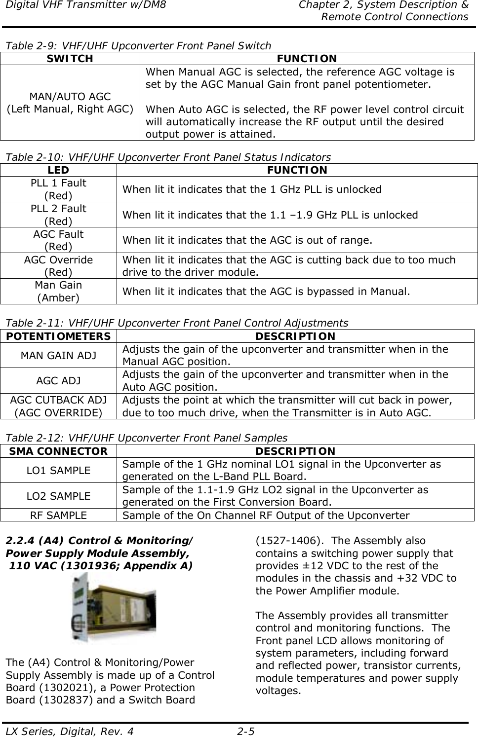Digital VHF Transmitter w/DM8  Chapter 2, System Description &amp;   Remote Control Connections LX Series, Digital, Rev. 4    2-5 Table 2-9: VHF/UHF Upconverter Front Panel Switch SWITCH FUNCTION MAN/AUTO AGC (Left Manual, Right AGC) When Manual AGC is selected, the reference AGC voltage is set by the AGC Manual Gain front panel potentiometer.   When Auto AGC is selected, the RF power level control circuit will automatically increase the RF output until the desired output power is attained.  Table 2-10: VHF/UHF Upconverter Front Panel Status Indicators LED FUNCTION PLL 1 Fault (Red)  When lit it indicates that the 1 GHz PLL is unlocked PLL 2 Fault (Red)  When lit it indicates that the 1.1 –1.9 GHz PLL is unlocked AGC Fault (Red)  When lit it indicates that the AGC is out of range. AGC Override (Red) When lit it indicates that the AGC is cutting back due to too much drive to the driver module. Man Gain (Amber)  When lit it indicates that the AGC is bypassed in Manual.  Table 2-11: VHF/UHF Upconverter Front Panel Control Adjustments POTENTIOMETERS DESCRIPTION MAN GAIN ADJ  Adjusts the gain of the upconverter and transmitter when in the Manual AGC position. AGC ADJ  Adjusts the gain of the upconverter and transmitter when in the Auto AGC position. AGC CUTBACK ADJ (AGC OVERRIDE) Adjusts the point at which the transmitter will cut back in power, due to too much drive, when the Transmitter is in Auto AGC.  Table 2-12: VHF/UHF Upconverter Front Panel Samples SMA CONNECTOR  DESCRIPTION LO1 SAMPLE  Sample of the 1 GHz nominal LO1 signal in the Upconverter as generated on the L-Band PLL Board. LO2 SAMPLE  Sample of the 1.1-1.9 GHz LO2 signal in the Upconverter as generated on the First Conversion Board. RF SAMPLE  Sample of the On Channel RF Output of the Upconverter  2.2.4 (A4) Control &amp; Monitoring/ Power Supply Module Assembly,  110 VAC (1301936; Appendix A)   The (A4) Control &amp; Monitoring/Power Supply Assembly is made up of a Control Board (1302021), a Power Protection Board (1302837) and a Switch Board   (1527-1406).  The Assembly also contains a switching power supply that provides ±12 VDC to the rest of the modules in the chassis and +32 VDC to the Power Amplifier module.  The Assembly provides all transmitter control and monitoring functions.  The Front panel LCD allows monitoring of system parameters, including forward and reflected power, transistor currents, module temperatures and power supply voltages.  