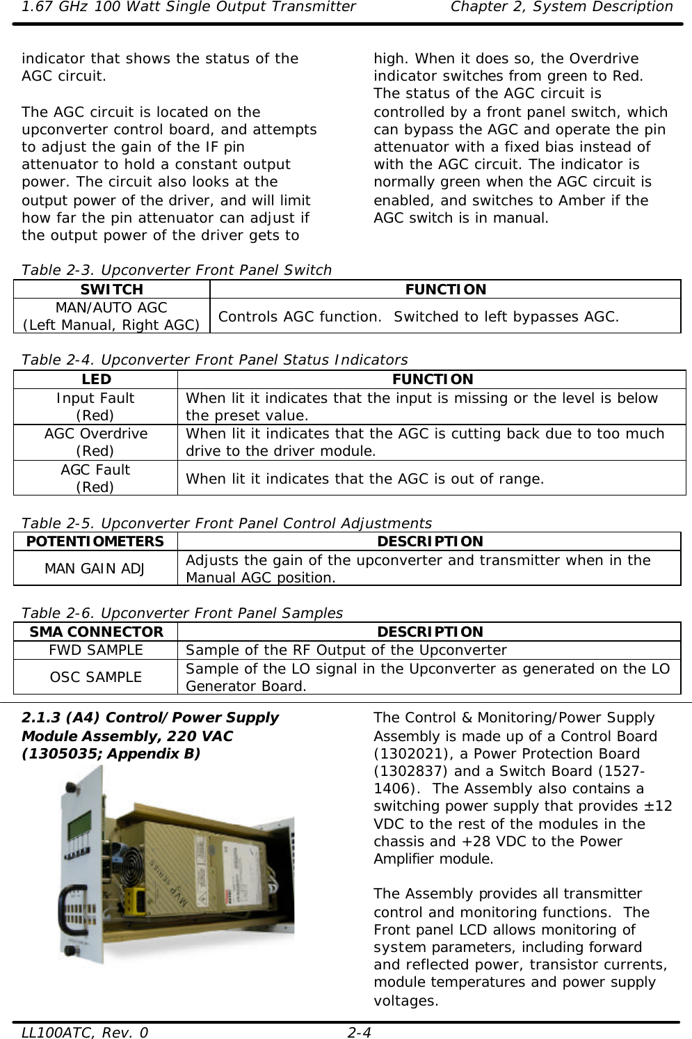 1.67 GHz 100 Watt Single Output Transmitter Chapter 2, System Description  LL100ATC, Rev. 0 2-4 indicator that shows the status of the AGC circuit.  The AGC circuit is located on the upconverter control board, and attempts to adjust the gain of the IF pin attenuator to hold a constant output power. The circuit also looks at the output power of the driver, and will limit how far the pin attenuator can adjust if the output power of the driver gets to high. When it does so, the Overdrive indicator switches from green to Red. The status of the AGC circuit is controlled by a front panel switch, which can bypass the AGC and operate the pin attenuator with a fixed bias instead of with the AGC circuit. The indicator is normally green when the AGC circuit is enabled, and switches to Amber if the AGC switch is in manual.    Table 2-3. Upconverter Front Panel Switch SWITCH FUNCTION MAN/AUTO AGC (Left Manual, Right AGC) Controls AGC function.  Switched to left bypasses AGC.  Table 2-4. Upconverter Front Panel Status Indicators LED FUNCTION Input Fault (Red) When lit it indicates that the input is missing or the level is below the preset value. AGC Overdrive (Red) When lit it indicates that the AGC is cutting back due to too much drive to the driver module. AGC Fault (Red) When lit it indicates that the AGC is out of range.  Table 2-5. Upconverter Front Panel Control Adjustments POTENTIOMETERS DESCRIPTION MAN GAIN ADJ Adjusts the gain of the upconverter and transmitter when in the Manual AGC position.  Table 2-6. Upconverter Front Panel Samples SMA CONNECTOR DESCRIPTION FWD SAMPLE Sample of the RF Output of the Upconverter OSC SAMPLE Sample of the LO signal in the Upconverter as generated on the LO Generator Board.  2.1.3 (A4) Control/Power Supply Module Assembly, 220 VAC (1305035; Appendix B)     The Control &amp; Monitoring/Power Supply Assembly is made up of a Control Board (1302021), a Power Protection Board (1302837) and a Switch Board (1527-1406).  The Assembly also contains a switching power supply that provides ±12 VDC to the rest of the modules in the chassis and +28 VDC to the Power Amplifier module.  The Assembly provides all transmitter control and monitoring functions.  The Front panel LCD allows monitoring of system parameters, including forward and reflected power, transistor currents, module temperatures and power supply voltages. 