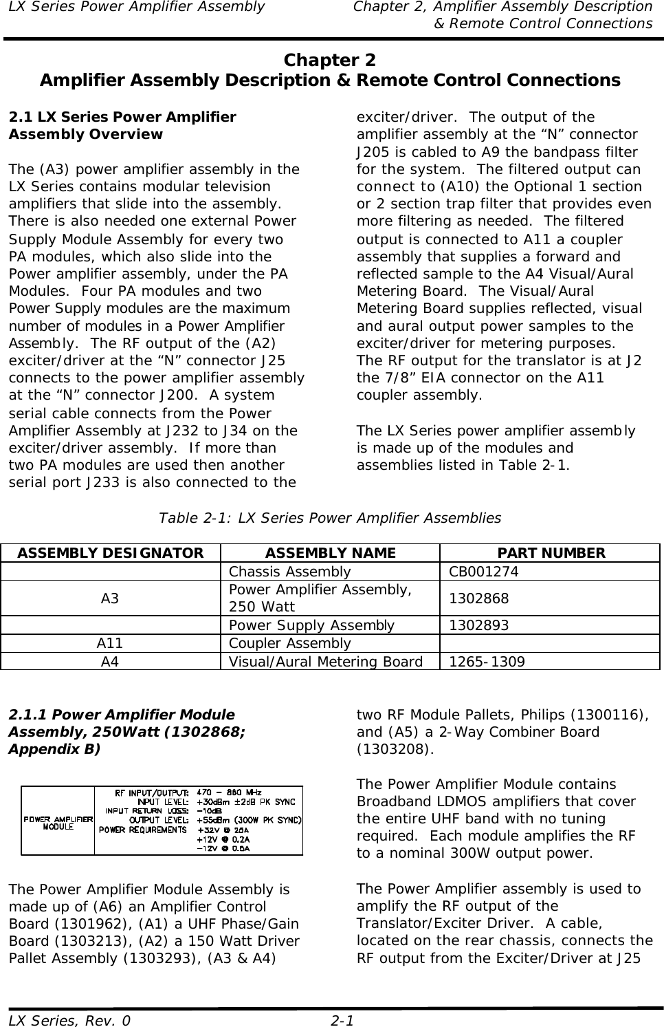 LX Series Power Amplifier Assembly Chapter 2, Amplifier Assembly Description  &amp; Remote Control Connections LX Series, Rev. 0 2-1 Chapter 2 Amplifier Assembly Description &amp; Remote Control Connections  2.1 LX Series Power Amplifier Assembly Overview  The (A3) power amplifier assembly in the LX Series contains modular television amplifiers that slide into the assembly.  There is also needed one external Power Supply Module Assembly for every two PA modules, which also slide into the Power amplifier assembly, under the PA Modules.  Four PA modules and two Power Supply modules are the maximum number of modules in a Power Amplifier Assembly.  The RF output of the (A2) exciter/driver at the “N” connector J25 connects to the power amplifier assembly at the “N” connector J200.  A system serial cable connects from the Power Amplifier Assembly at J232 to J34 on the exciter/driver assembly.  If more than two PA modules are used then another serial port J233 is also connected to the exciter/driver.  The output of the amplifier assembly at the “N” connector J205 is cabled to A9 the bandpass filter for the system.  The filtered output can connect to (A10) the Optional 1 section or 2 section trap filter that provides even more filtering as needed.  The filtered output is connected to A11 a coupler assembly that supplies a forward and reflected sample to the A4 Visual/Aural Metering Board.  The Visual/Aural Metering Board supplies reflected, visual and aural output power samples to the exciter/driver for metering purposes.  The RF output for the translator is at J2 the 7/8” EIA connector on the A11 coupler assembly.  The LX Series power amplifier assembly is made up of the modules and assemblies listed in Table 2-1.  Table 2-1: LX Series Power Amplifier Assemblies  ASSEMBLY DESIGNATOR ASSEMBLY NAME PART NUMBER  Chassis Assembly CB001274 A3 Power Amplifier Assembly, 250 Watt 1302868  Power Supply Assembly 1302893 A11 Coupler Assembly   A4 Visual/Aural Metering Board 1265-1309   2.1.1 Power Amplifier Module Assembly, 250Watt (1302868; Appendix B)    The Power Amplifier Module Assembly is made up of (A6) an Amplifier Control Board (1301962), (A1) a UHF Phase/Gain Board (1303213), (A2) a 150 Watt Driver Pallet Assembly (1303293), (A3 &amp; A4) two RF Module Pallets, Philips (1300116), and (A5) a 2-Way Combiner Board (1303208).  The Power Amplifier Module contains Broadband LDMOS amplifiers that cover the entire UHF band with no tuning required.  Each module amplifies the RF to a nominal 300W output power.  The Power Amplifier assembly is used to amplify the RF output of the Translator/Exciter Driver.  A cable, located on the rear chassis, connects the RF output from the Exciter/Driver at J25 