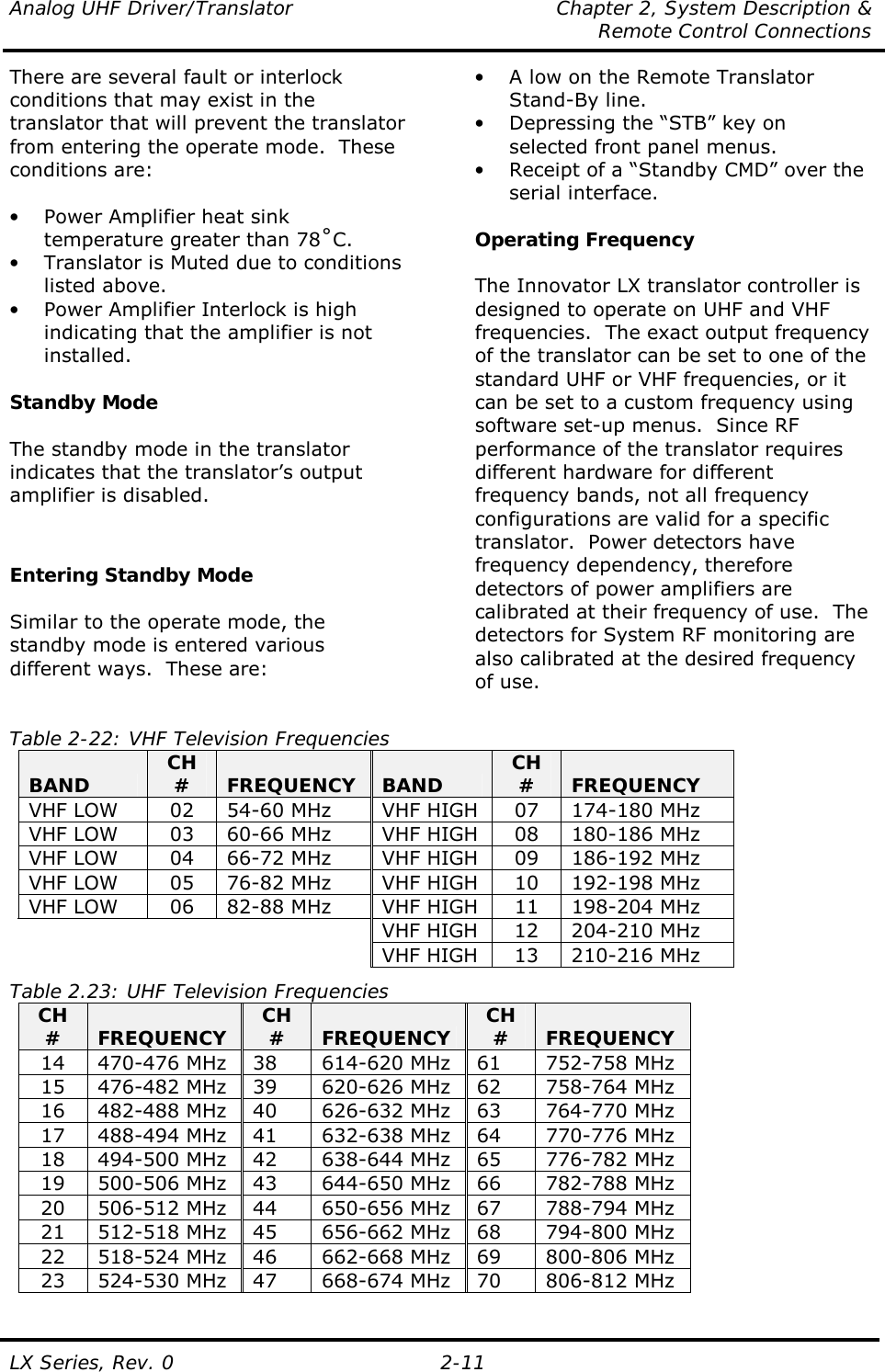 Analog UHF Driver/Translator  Chapter 2, System Description &amp;   Remote Control Connections LX Series, Rev. 0  2-11 There are several fault or interlock conditions that may exist in the translator that will prevent the translator from entering the operate mode.  These conditions are:  •  Power Amplifier heat sink temperature greater than 78ûC. •  Translator is Muted due to conditions listed above. •  Power Amplifier Interlock is high indicating that the amplifier is not installed.  Standby Mode  The standby mode in the translator indicates that the translator’s output amplifier is disabled.    Entering Standby Mode  Similar to the operate mode, the standby mode is entered various different ways.  These are:  •  A low on the Remote Translator Stand-By line. •  Depressing the “STB” key on selected front panel menus. •  Receipt of a “Standby CMD” over the serial interface.  Operating Frequency  The Innovator LX translator controller is designed to operate on UHF and VHF frequencies.  The exact output frequency of the translator can be set to one of the standard UHF or VHF frequencies, or it can be set to a custom frequency using software set-up menus.  Since RF performance of the translator requires different hardware for different frequency bands, not all frequency configurations are valid for a specific translator.  Power detectors have frequency dependency, therefore detectors of power amplifiers are calibrated at their frequency of use.  The detectors for System RF monitoring are also calibrated at the desired frequency of use.  Table 2-22: VHF Television Frequencies BAND  CH #  FREQUENCY  BAND  CH #  FREQUENCY VHF LOW  02  54-60 MHz  VHF HIGH  07  174-180 MHz VHF LOW  03  60-66 MHz  VHF HIGH  08  180-186 MHz VHF LOW  04  66-72 MHz  VHF HIGH  09  186-192 MHz VHF LOW  05  76-82 MHz  VHF HIGH  10  192-198 MHz VHF LOW  06  82-88 MHz  VHF HIGH  11  198-204 MHz VHF HIGH  12  204-210 MHz  VHF HIGH  13  210-216 MHz Table 2.23: UHF Television Frequencies CH #  FREQUENCY  CH #  FREQUENCY  CH #  FREQUENCY 14  470-476 MHz  38  614-620 MHz  61  752-758 MHz 15  476-482 MHz  39  620-626 MHz  62  758-764 MHz 16  482-488 MHz  40  626-632 MHz  63  764-770 MHz 17  488-494 MHz  41  632-638 MHz  64  770-776 MHz 18  494-500 MHz  42  638-644 MHz  65  776-782 MHz 19  500-506 MHz  43  644-650 MHz  66  782-788 MHz 20  506-512 MHz  44  650-656 MHz  67  788-794 MHz 21  512-518 MHz  45  656-662 MHz  68  794-800 MHz 22  518-524 MHz  46  662-668 MHz  69  800-806 MHz 23  524-530 MHz  47  668-674 MHz  70  806-812 MHz 
