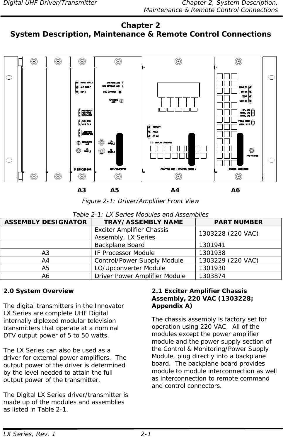 Digital UHF Driver/Transmitter Chapter 2, System Description,  Maintenance &amp; Remote Control Connections LX Series, Rev. 1 2-1 Chapter 2 System Description, Maintenance &amp; Remote Control Connections      Figure 2-1: Driver/Amplifier Front View  Table 2-1: LX Series Modules and Assemblies ASSEMBLY DESIGNATOR TRAY/ASSEMBLY NAME PART NUMBER  Exciter Amplifier Chassis Assembly, LX Series 1303228 (220 VAC)  Backplane Board 1301941 A3 IF Processor Module 1301938 A4 Control/Power Supply Module 1303229 (220 VAC) A5 LO/Upconverter Module 1301930 A6 Driver Power Amplifier Module 1303874  2.0 System Overview  The digital transmitters in the Innovator LX Series are complete UHF Digital internally diplexed modular television transmitters that operate at a nominal DTV output power of 5 to 50 watts.  The LX Series can also be used as a driver for external power amplifiers.  The output power of the driver is determined by the level needed to attain the full output power of the transmitter.  The Digital LX Series driver/transmitter is made up of the modules and assemblies as listed in Table 2-1. 2.1 Exciter Amplifier Chassis Assembly, 220 VAC (1303228; Appendix A)  The chassis assembly is factory set for operation using 220 VAC.  All of the modules except the power amplifier module and the power supply section of the Control &amp; Monitoring/Power Supply Module, plug directly into a backplane board.  The backplane board provides module to module interconnection as well as interconnection to remote command and control connectors. A3 A5 A4 A6 