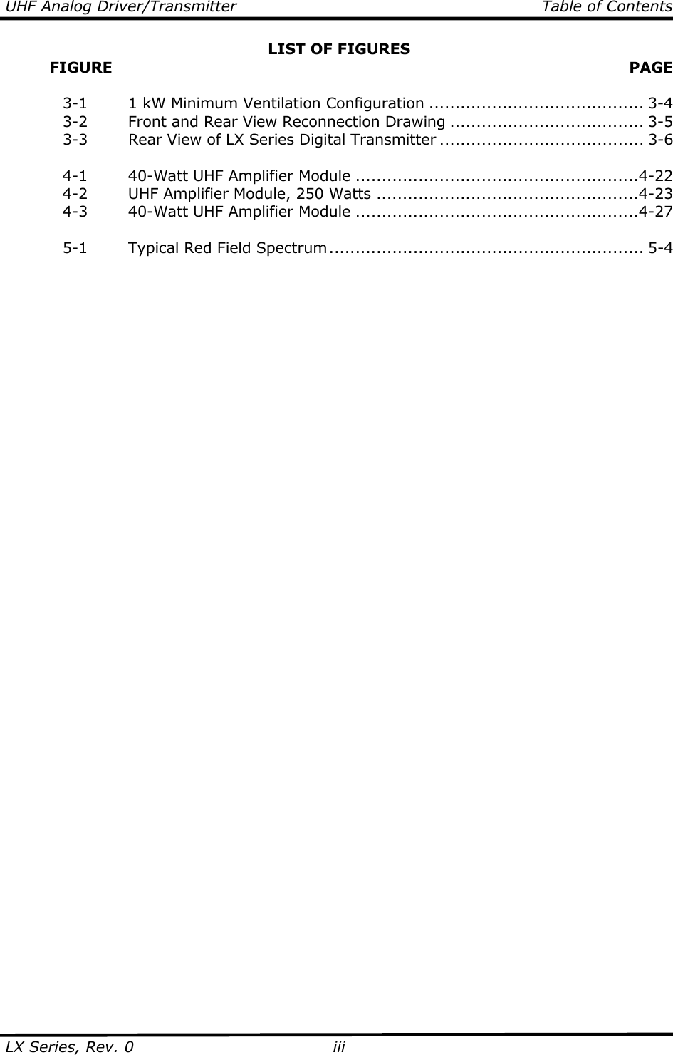 UHF Analog Driver/Transmitter   Table of Contents  LX Series, Rev. 0  iiiLIST OF FIGURES          FIGURE   PAGE    3-1    1 kW Minimum Ventilation Configuration ......................................... 3-4   3-2    Front and Rear View Reconnection Drawing ..................................... 3-5   3-3    Rear View of LX Series Digital Transmitter ....................................... 3-6    4-1    40-Watt UHF Amplifier Module ......................................................4-22  4-2  UHF Amplifier Module, 250 Watts ..................................................4-23   4-3    40-Watt UHF Amplifier Module ......................................................4-27    5-1    Typical Red Field Spectrum............................................................ 5-4 