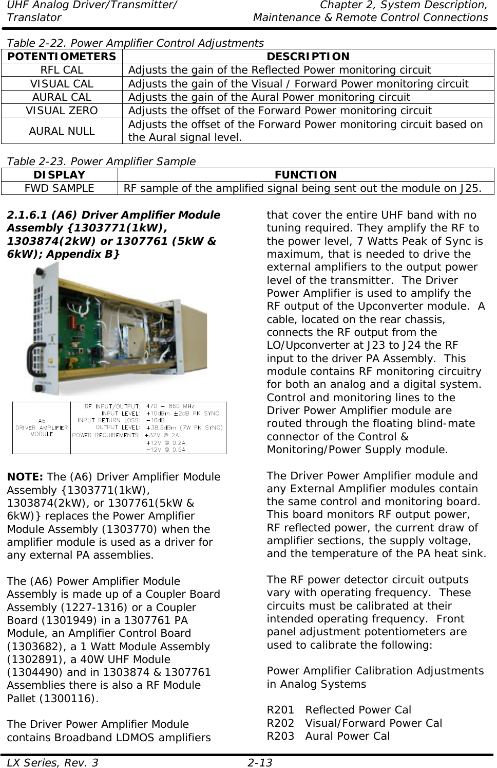UHF Analog Driver/Transmitter/ Chapter 2, System Description, Translator Maintenance &amp; Remote Control Connections LX Series, Rev. 3 2-13 Table 2-22. Power Amplifier Control Adjustments POTENTIOMETERS DESCRIPTION RFL CAL Adjusts the gain of the Reflected Power monitoring circuit VISUAL CAL Adjusts the gain of the Visual / Forward Power monitoring circuit AURAL CAL Adjusts the gain of the Aural Power monitoring circuit VISUAL ZERO Adjusts the offset of the Forward Power monitoring circuit AURAL NULL Adjusts the offset of the Forward Power monitoring circuit based on the Aural signal level.  Table 2-23. Power Amplifier Sample DISPLAY FUNCTION FWD SAMPLE RF sample of the amplified signal being sent out the module on J25.  2.1.6.1 (A6) Driver Amplifier Module Assembly {1303771(1kW), 1303874(2kW) or 1307761 (5kW &amp; 6kW); Appendix B}    NOTE: The (A6) Driver Amplifier Module Assembly {1303771(1kW), 1303874(2kW), or 1307761(5kW &amp; 6kW)} replaces the Power Amplifier Module Assembly (1303770) when the amplifier module is used as a driver for any external PA assemblies.  The (A6) Power Amplifier Module Assembly is made up of a Coupler Board Assembly (1227-1316) or a Coupler Board (1301949) in a 1307761 PA Module, an Amplifier Control Board (1303682), a 1 Watt Module Assembly (1302891), a 40W UHF Module (1304490) and in 1303874 &amp; 1307761 Assemblies there is also a RF Module Pallet (1300116).  The Driver Power Amplifier Module contains Broadband LDMOS amplifiers that cover the entire UHF band with no tuning required. They amplify the RF to the power level, 7 Watts Peak of Sync is maximum, that is needed to drive the external amplifiers to the output power level of the transmitter.  The Driver Power Amplifier is used to amplify the RF output of the Upconverter module.  A cable, located on the rear chassis, connects the RF output from the LO/Upconverter at J23 to J24 the RF input to the driver PA Assembly.  This module contains RF monitoring circuitry for both an analog and a digital system.  Control and monitoring lines to the Driver Power Amplifier module are routed through the floating blind-mate connector of the Control &amp; Monitoring/Power Supply module.  The Driver Power Amplifier module and any External Amplifier modules contain the same control and monitoring board.  This board monitors RF output power, RF reflected power, the current draw of amplifier sections, the supply voltage, and the temperature of the PA heat sink.  The RF power detector circuit outputs vary with operating frequency.  These circuits must be calibrated at their intended operating frequency.  Front panel adjustment potentiometers are used to calibrate the following:  Power Amplifier Calibration Adjustments in Analog Systems  R201 Reflected Power Cal R202 Visual/Forward Power Cal R203 Aural Power Cal 