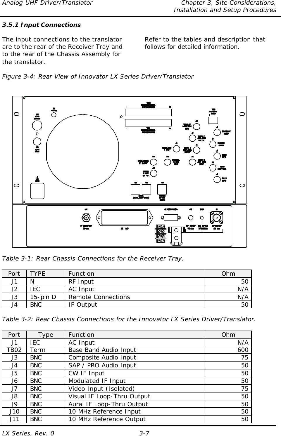 Analog UHF Driver/Translator Chapter 3, Site Considerations,   Installation and Setup Procedures  LX Series, Rev. 0 3-7 3.5.1 Input Connections  The input connections to the translator are to the rear of the Receiver Tray and to the rear of the Chassis Assembly for the translator.   Refer to the tables and description that follows for detailed information.   Figure 3-4: Rear View of Innovator LX Series Driver/Translator                         Table 3-1: Rear Chassis Connections for the Receiver Tray.  Port TYPE Function Ohm J1 N RF Input 50 J2 IEC AC Input N/A J3 15-pin D Remote Connections N/A J4 BNC IF Output 50  Table 3-2: Rear Chassis Connections for the Innovator LX Series Driver/Translator.  Port Type Function Ohm J1 IEC AC Input N/A TB02 Term Base Band Audio Input 600  J3 BNC Composite Audio Input 75 J4 BNC SAP / PRO Audio Input 50 J5 BNC CW IF Input 50 J6 BNC Modulated IF Input 50 J7 BNC Video Input (Isolated) 75 J8 BNC Visual IF Loop-Thru Output 50 J9 BNC Aural IF Loop-Thru Output 50 J10 BNC 10 MHz Reference Input 50 J11 BNC 10 MHz Reference Output 50 