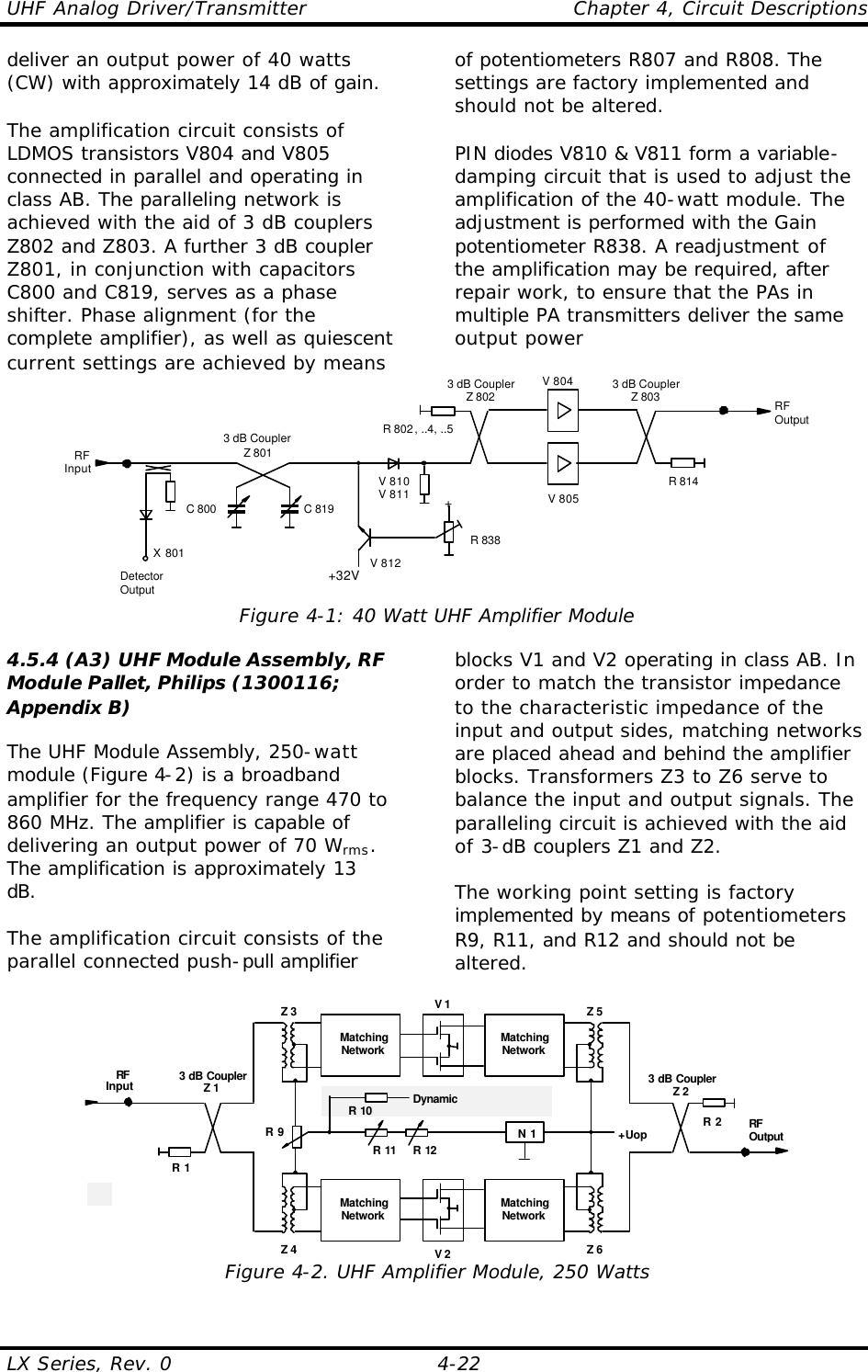 UHF Analog Driver/Transmitter    Chapter 4, Circuit Descriptions LX Series, Rev. 0    4-22 deliver an output power of 40 watts (CW) with approximately 14 dB of gain.  The amplification circuit consists of LDMOS transistors V804 and V805 connected in parallel and operating in class AB. The paralleling network is achieved with the aid of 3 dB couplers Z802 and Z803. A further 3 dB coupler Z801, in conjunction with capacitors C800 and C819, serves as a phase shifter. Phase alignment (for the complete amplifier), as well as quiescent current settings are achieved by means of potentiometers R807 and R808. The settings are factory implemented and should not be altered.  PIN diodes V810 &amp; V811 form a variable-damping circuit that is used to adjust the amplification of the 40-watt module. The adjustment is performed with the Gain potentiometer R838. A readjustment of the amplification may be required, after repair work, to ensure that the PAs in multiple PA transmitters deliver the same output power V 805V 8043 dB CouplerZ 801RFOutputRFInput R 814R 802, ..4, ..5C 800 C 819DetectorOutputX 801+32V+R 838V 810V 811V 8123 dB CouplerZ 802 3 dB CouplerZ 803 Figure 4-1: 40 Watt UHF Amplifier Module  4.5.4 (A3) UHF Module Assembly, RF Module Pallet, Philips (1300116; Appendix B)  The UHF Module Assembly, 250-watt module (Figure 4-2) is a broadband amplifier for the frequency range 470 to 860 MHz. The amplifier is capable of delivering an output power of 70 Wrms. The amplification is approximately 13 dB.  The amplification circuit consists of the parallel connected push-pull amplifier   blocks V1 and V2 operating in class AB. In order to match the transistor impedance to the characteristic impedance of the input and output sides, matching networks are placed ahead and behind the amplifier blocks. Transformers Z3 to Z6 serve to balance the input and output signals. The paralleling circuit is achieved with the aid of 3-dB couplers Z1 and Z2.  The working point setting is factory implemented by means of potentiometers R9, R11, and R12 and should not be altered.  V 13 dB CouplerZ 2RFOutputRFInput 3 dB CouplerZ 1R 2R 1MatchingNetworkMatchingNetworkV 2MatchingNetworkMatchingNetworkZ 3 Z 5Z 4 Z 6+UopN 1R 11 R 12R 9R 10 DynamicEqualization Figure 4-2. UHF Amplifier Module, 250 Watts 