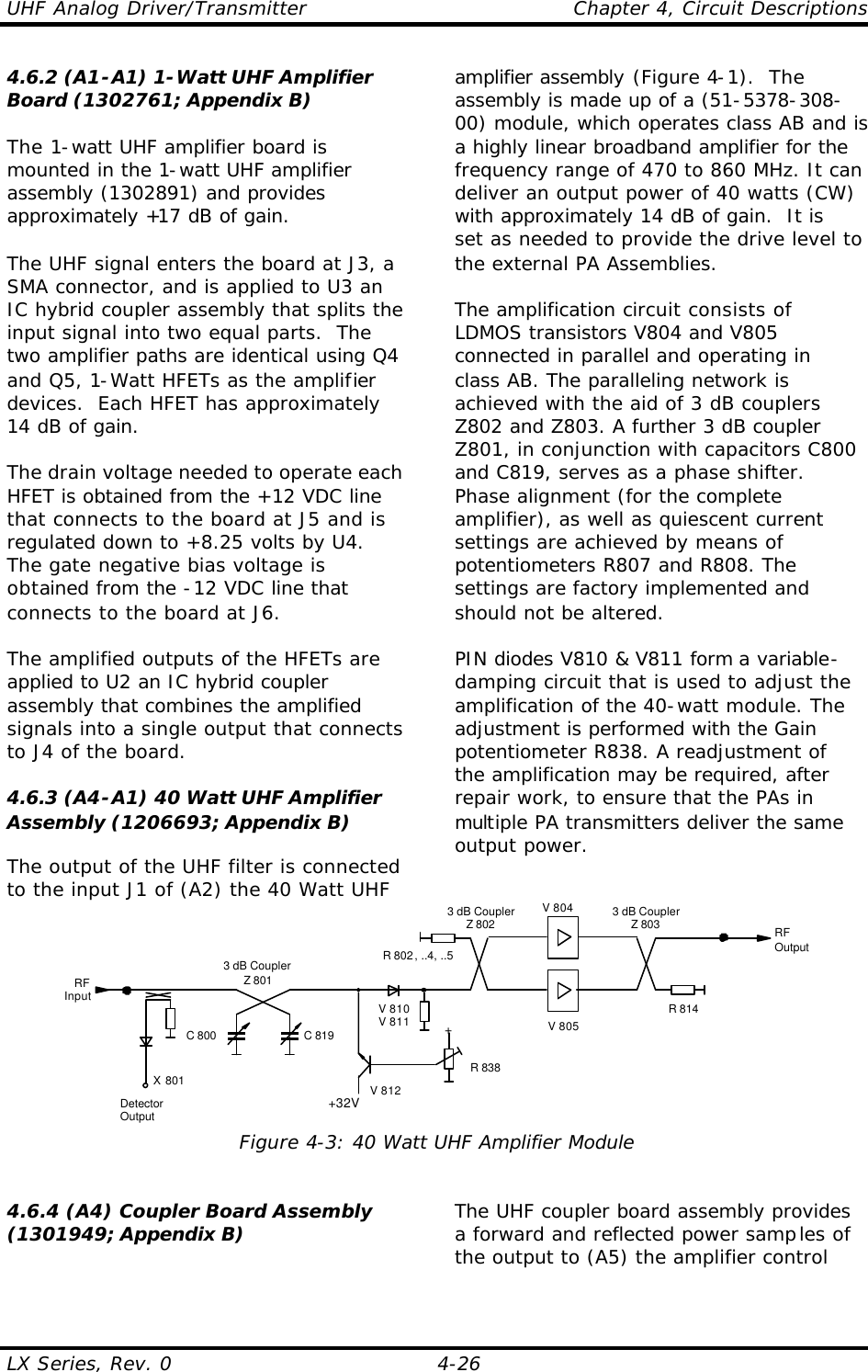 UHF Analog Driver/Transmitter    Chapter 4, Circuit Descriptions LX Series, Rev. 0    4-26 4.6.2 (A1-A1) 1-Watt UHF Amplifier Board (1302761; Appendix B)  The 1-watt UHF amplifier board is mounted in the 1-watt UHF amplifier assembly (1302891) and provides approximately +17 dB of gain.  The UHF signal enters the board at J3, a SMA connector, and is applied to U3 an IC hybrid coupler assembly that splits the input signal into two equal parts.  The two amplifier paths are identical using Q4 and Q5, 1-Watt HFETs as the amplifier devices.  Each HFET has approximately 14 dB of gain.    The drain voltage needed to operate each HFET is obtained from the +12 VDC line that connects to the board at J5 and is regulated down to +8.25 volts by U4.  The gate negative bias voltage is obtained from the -12 VDC line that connects to the board at J6.  The amplified outputs of the HFETs are applied to U2 an IC hybrid coupler assembly that combines the amplified signals into a single output that connects to J4 of the board.  4.6.3 (A4-A1) 40 Watt UHF Amplifier Assembly (1206693; Appendix B)  The output of the UHF filter is connected to the input J1 of (A2) the 40 Watt UHF amplifier assembly (Figure 4-1).  The assembly is made up of a (51-5378-308-00) module, which operates class AB and is a highly linear broadband amplifier for the frequency range of 470 to 860 MHz. It can deliver an output power of 40 watts (CW) with approximately 14 dB of gain.  It is set as needed to provide the drive level to the external PA Assemblies.  The amplification circuit consists of LDMOS transistors V804 and V805 connected in parallel and operating in class AB. The paralleling network is achieved with the aid of 3 dB couplers Z802 and Z803. A further 3 dB coupler Z801, in conjunction with capacitors C800 and C819, serves as a phase shifter. Phase alignment (for the complete amplifier), as well as quiescent current settings are achieved by means of potentiometers R807 and R808. The settings are factory implemented and should not be altered.  PIN diodes V810 &amp; V811 form a variable-damping circuit that is used to adjust the amplification of the 40-watt module. The adjustment is performed with the Gain potentiometer R838. A readjustment of the amplification may be required, after repair work, to ensure that the PAs in multiple PA transmitters deliver the same output power. V 805V 8043 dB CouplerZ 801RFOutputRFInput R 814R 802, ..4, ..5C 800 C 819DetectorOutputX 801+32V+R 838V 810V 811V 8123 dB CouplerZ 802 3 dB CouplerZ 803 Figure 4-3: 40 Watt UHF Amplifier Module  4.6.4 (A4) Coupler Board Assembly (1301949; Appendix B)  The UHF coupler board assembly provides a forward and reflected power samples of the output to (A5) the amplifier control 