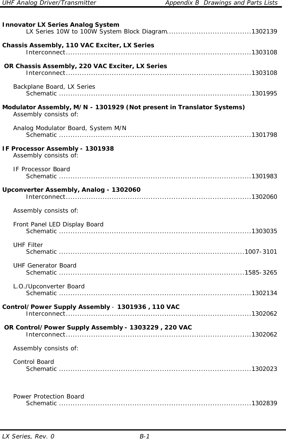 UHF Analog Driver/Transmitter    Appendix B  Drawings and Parts Lists LX Series, Rev. 0 B-1 Innovator LX Series Analog System     LX Series 10W to 100W System Block Diagram.....................................1302139        Chassis Assembly, 110 VAC Exciter, LX Series     Interconnect.................................................................................1303108       OR Chassis Assembly, 220 VAC Exciter, LX Series     Interconnect.................................................................................1303108       Backplane Board, LX Series     Schematic ....................................................................................1301995      Modulator Assembly, M/N - 1301929 (Not present in Translator Systems)  Assembly consists of:   Analog Modulator Board, System M/N     Schematic ....................................................................................1301798      IF Processor Assembly - 1301938  Assembly consists of:   IF Processor Board     Schematic ....................................................................................1301983      Upconverter Assembly, Analog - 1302060     Interconnect.................................................................................1302060       Assembly consists of:   Front Panel LED Display Board     Schematic ....................................................................................1303035       UHF Filter     Schematic .................................................................................1007-3101       UHF Generator Board     Schematic .................................................................................1585-3265       L.O./Upconverter Board     Schematic ....................................................................................1302134   Control/Power Supply Assembly - 1301936 , 110 VAC     Interconnect.................................................................................1302062       OR Control/Power Supply Assembly - 1303229 , 220 VAC     Interconnect.................................................................................1302062       Assembly consists of:   Control Board     Schematic ....................................................................................1302023         Power Protection Board     Schematic ....................................................................................1302839    