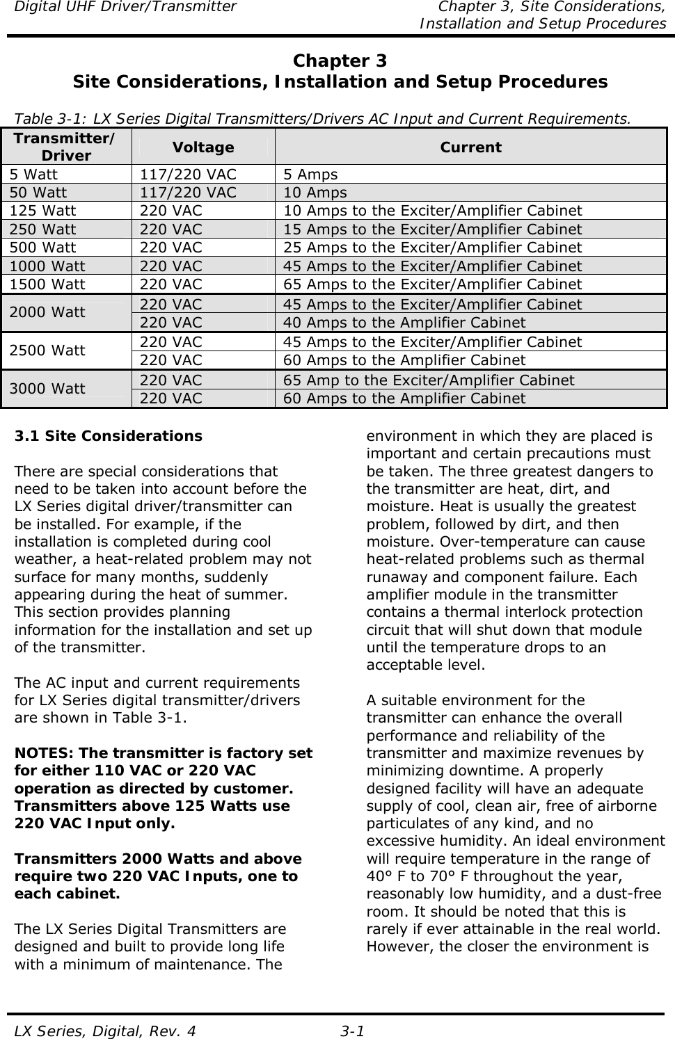 Digital UHF Driver/Transmitter  Chapter 3, Site Considerations,    Installation and Setup Procedures  LX Series, Digital, Rev. 4 3-1 Chapter 3 Site Considerations, Installation and Setup Procedures  Table 3-1: LX Series Digital Transmitters/Drivers AC Input and Current Requirements. Transmitter/Driver  Voltage  Current 5 Watt  117/220 VAC  5 Amps 50 Watt  117/220 VAC  10 Amps 125 Watt  220 VAC  10 Amps to the Exciter/Amplifier Cabinet 250 Watt  220 VAC  15 Amps to the Exciter/Amplifier Cabinet 500 Watt  220 VAC  25 Amps to the Exciter/Amplifier Cabinet 1000 Watt  220 VAC  45 Amps to the Exciter/Amplifier Cabinet 1500 Watt  220 VAC  65 Amps to the Exciter/Amplifier Cabinet 220 VAC  45 Amps to the Exciter/Amplifier Cabinet 2000 Watt  220 VAC  40 Amps to the Amplifier Cabinet 220 VAC  45 Amps to the Exciter/Amplifier Cabinet 2500 Watt  220 VAC  60 Amps to the Amplifier Cabinet 220 VAC  65 Amp to the Exciter/Amplifier Cabinet 3000 Watt  220 VAC  60 Amps to the Amplifier Cabinet  3.1 Site Considerations  There are special considerations that need to be taken into account before the LX Series digital driver/transmitter can be installed. For example, if the installation is completed during cool weather, a heat-related problem may not surface for many months, suddenly appearing during the heat of summer. This section provides planning information for the installation and set up of the transmitter.  The AC input and current requirements for LX Series digital transmitter/drivers are shown in Table 3-1.  NOTES: The transmitter is factory set for either 110 VAC or 220 VAC operation as directed by customer.  Transmitters above 125 Watts use 220 VAC Input only.  Transmitters 2000 Watts and above require two 220 VAC Inputs, one to each cabinet.  The LX Series Digital Transmitters are designed and built to provide long life with a minimum of maintenance. The environment in which they are placed is important and certain precautions must be taken. The three greatest dangers to the transmitter are heat, dirt, and moisture. Heat is usually the greatest problem, followed by dirt, and then moisture. Over-temperature can cause heat-related problems such as thermal runaway and component failure. Each amplifier module in the transmitter contains a thermal interlock protection circuit that will shut down that module until the temperature drops to an acceptable level.  A suitable environment for the transmitter can enhance the overall performance and reliability of the transmitter and maximize revenues by minimizing downtime. A properly designed facility will have an adequate supply of cool, clean air, free of airborne particulates of any kind, and no excessive humidity. An ideal environment will require temperature in the range of 40° F to 70° F throughout the year, reasonably low humidity, and a dust-free room. It should be noted that this is rarely if ever attainable in the real world. However, the closer the environment is 