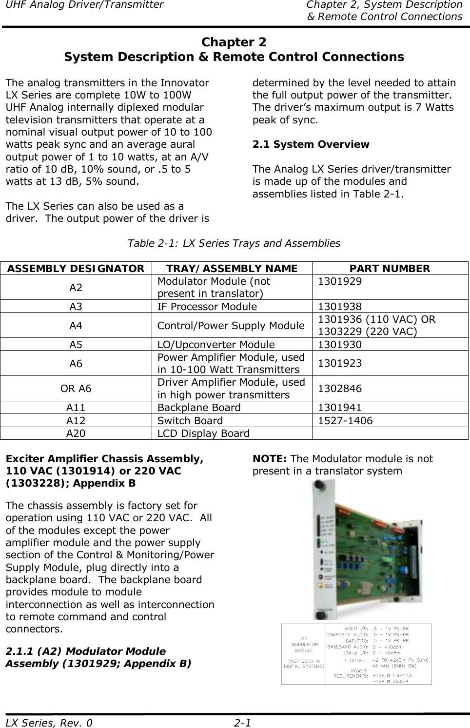UHF Analog Driver/Transmitter  Chapter 2, System Description   &amp; Remote Control Connections LX Series, Rev. 0  2-1 Chapter 2 System Description &amp; Remote Control Connections  The analog transmitters in the Innovator LX Series are complete 10W to 100W UHF Analog internally diplexed modular television transmitters that operate at a nominal visual output power of 10 to 100 watts peak sync and an average aural output power of 1 to 10 watts, at an A/V ratio of 10 dB, 10% sound, or .5 to 5 watts at 13 dB, 5% sound.  The LX Series can also be used as a driver.  The output power of the driver is determined by the level needed to attain the full output power of the transmitter. The driver’s maximum output is 7 Watts peak of sync.  2.1 System Overview  The Analog LX Series driver/transmitter is made up of the modules and assemblies listed in Table 2-1.  Table 2-1: LX Series Trays and Assemblies  ASSEMBLY DESIGNATOR  TRAY/ASSEMBLY NAME  PART NUMBER A2  Modulator Module (not present in translator) 1301929 A3  IF Processor Module  1301938 A4  Control/Power Supply Module  1301936 (110 VAC) OR 1303229 (220 VAC) A5 LO/Upconverter Module 1301930 A6  Power Amplifier Module, used in 10-100 Watt Transmitters  1301923 OR A6  Driver Amplifier Module, used in high power transmitters  1302846 A11 Backplane Board  1301941 A12 Switch Board  1527-1406 A20  LCD Display Board    Exciter Amplifier Chassis Assembly, 110 VAC (1301914) or 220 VAC (1303228); Appendix B  The chassis assembly is factory set for operation using 110 VAC or 220 VAC.  All of the modules except the power amplifier module and the power supply section of the Control &amp; Monitoring/Power Supply Module, plug directly into a backplane board.  The backplane board provides module to module interconnection as well as interconnection to remote command and control connectors.  2.1.1 (A2) Modulator Module Assembly (1301929; Appendix B)  NOTE: The Modulator module is not present in a translator system   