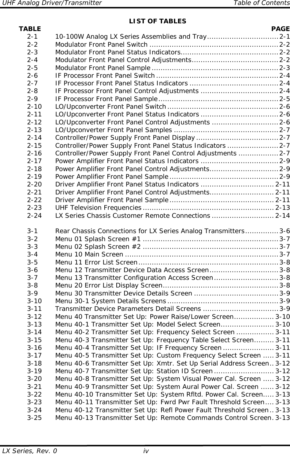 UHF Analog Driver/Transmitter    Table of Contents  LX Series, Rev. 0  iv LIST OF TABLES         TABLE   PAGE   2-1   10-100W Analog LX Series Assemblies and Tray................................2-1   2-2   Modulator Front Panel Switch ..........................................................2-2   2-3   Modulator Front Panel Status Indicators............................................2-2   2-4   Modulator Front Panel Control Adjustments.......................................2-2   2-5   Modulator Front Panel Sample .........................................................2-3   2-6   IF Processor Front Panel Switch .......................................................2-4   2-7   IF Processor Front Panel Status Indicators ........................................2-4   2-8    IF Processor Front Panel Control Adjustments ...................................2-4   2-9   IF Processor Front Panel Sample......................................................2-5   2-10  LO/Upconverter Front Panel Switch ..................................................2-6   2-11  LO/Upconverter Front Panel Status Indicators ...................................2-6   2-12  LO/Upconverter Front Panel Control Adjustments ..............................2-6   2-13  LO/Upconverter Front Panel Samples ...............................................2-7   2-14  Controller/Power Supply Front Panel Display .....................................2-7   2-15  Controller/Power Supply Front Panel Status Indicators .......................2-7   2-16  Controller/Power Supply Front Panel Control Adjustments ..................2-7   2-17  Power Amplifier Front Panel Status Indicators ...................................2-9   2-18  Power Amplifier Front Panel Control Adjustments...............................2-9   2-19  Power Amplifier Front Panel Sample.................................................2-9   2-20  Driver Amplifier Front Panel Status Indicators ................................. 2-11   2-21  Driver Amplifier Front Panel Control Adjustments.............................2-11   2-22  Driver Amplifier Front Panel Sample...............................................2-11  2-23 UHF Television Frequencies ...........................................................2-13  2-24  LX Series Chassis Customer Remote Connections ............................ 2-14    3-1   Rear Chassis Connections for LX Series Analog Transmitters...............3-6   3-2   Menu 01 Splash Screen #1 .............................................................3-7   3-3   Menu 02 Splash Screen #2 .............................................................3-7   3-4   Menu 10 Main Screen .....................................................................3-7   3-5   Menu 11 Error List Screen...............................................................3-8   3-6   Menu 12 Transmitter Device Data Access Screen...............................3-8   3-7   Menu 13 Transmitter Configuration Access Screen.............................3-8   3-8   Menu 20 Error List Display Screen....................................................3-8   3-9   Menu 30 Transmitter Device Details Screen ......................................3-9   3-10  Menu 30-1 System Details Screens ..................................................3-9   3-11  Transmitter Device Parameters Detail Screens ..................................3-9   3-12  Menu 40 Transmitter Set Up: Power Raise/Lower Screen..................3-10   3-13  Menu 40-1 Transmitter Set Up: Model Select Screen........................3-10   3-14  Menu 40-2 Transmitter Set Up: Frequency Select Screen .................3-11   3-15  Menu 40-3 Transmitter Set Up: Frequency Table Select Screen......... 3-11   3-16  Menu 40-4 Transmitter Set Up: IF Frequency Screen .......................3-11   3-17  Menu 40-5 Transmitter Set Up: Custom Frequency Select Screen ..... 3-11   3-18  Menu 40-6 Transmitter Set Up: Xmtr. Set Up Serial Address Screen..3-12   3-19  Menu 40-7 Transmitter Set Up: Station ID Screen ...........................3-12   3-20  Menu 40-8 Transmitter Set Up: System Visual Power Cal. Screen .....3-12   3-21  Menu 40-9 Transmitter Set Up: System Aural Power Cal. Screen ......3-12   3-22  Menu 40-10 Transmitter Set Up: System Rfltd. Power Cal. Screen.....3-13   3-23  Menu 40-11 Transmitter Set Up: Fwrd Pwr Fault Threshold Screen.... 3-13   3-24  Menu 40-12 Transmitter Set Up: Refl Power Fault Threshold Screen..3-13   3-25  Menu 40-13 Transmitter Set Up: Remote Commands Control Screen.3-13  