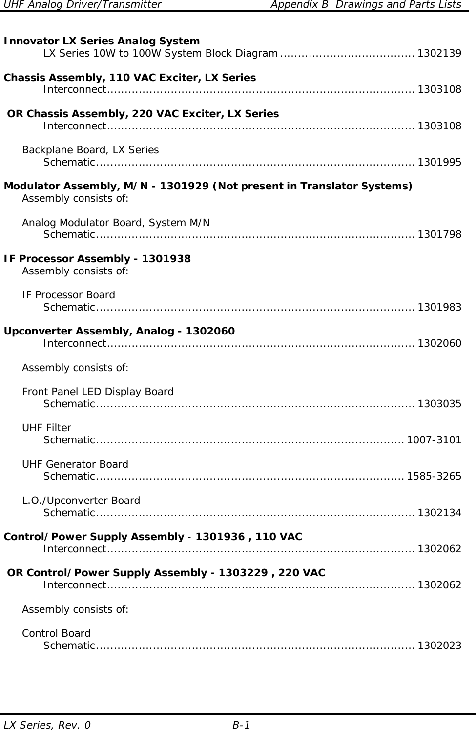 UHF Analog Driver/Transmitter    Appendix B  Drawings and Parts Lists LX Series, Rev. 0  B-1 Innovator LX Series Analog System     LX Series 10W to 100W System Block Diagram ...................................... 1302139      Chassis Assembly, 110 VAC Exciter, LX Series    Interconnect....................................................................................... 1303108      OR Chassis Assembly, 220 VAC Exciter, LX Series    Interconnect....................................................................................... 1303108       Backplane Board, LX Series    Schematic.......................................................................................... 1301995     Modulator Assembly, M/N - 1301929 (Not present in Translator Systems)   Assembly consists of:    Analog Modulator Board, System M/N    Schematic.......................................................................................... 1301798     IF Processor Assembly - 1301938   Assembly consists of:    IF Processor Board    Schematic.......................................................................................... 1301983     Upconverter Assembly, Analog - 1302060    Interconnect....................................................................................... 1302060       Assembly consists of:    Front Panel LED Display Board    Schematic.......................................................................................... 1303035      UHF Filter    Schematic.......................................................................................1007-3101       UHF Generator Board    Schematic.......................................................................................1585-3265      L.O./Upconverter Board    Schematic.......................................................................................... 1302134   Control/Power Supply Assembly - 1301936 , 110 VAC    Interconnect....................................................................................... 1302062      OR Control/Power Supply Assembly - 1303229 , 220 VAC    Interconnect....................................................................................... 1302062       Assembly consists of:   Control Board    Schematic.......................................................................................... 1302023       